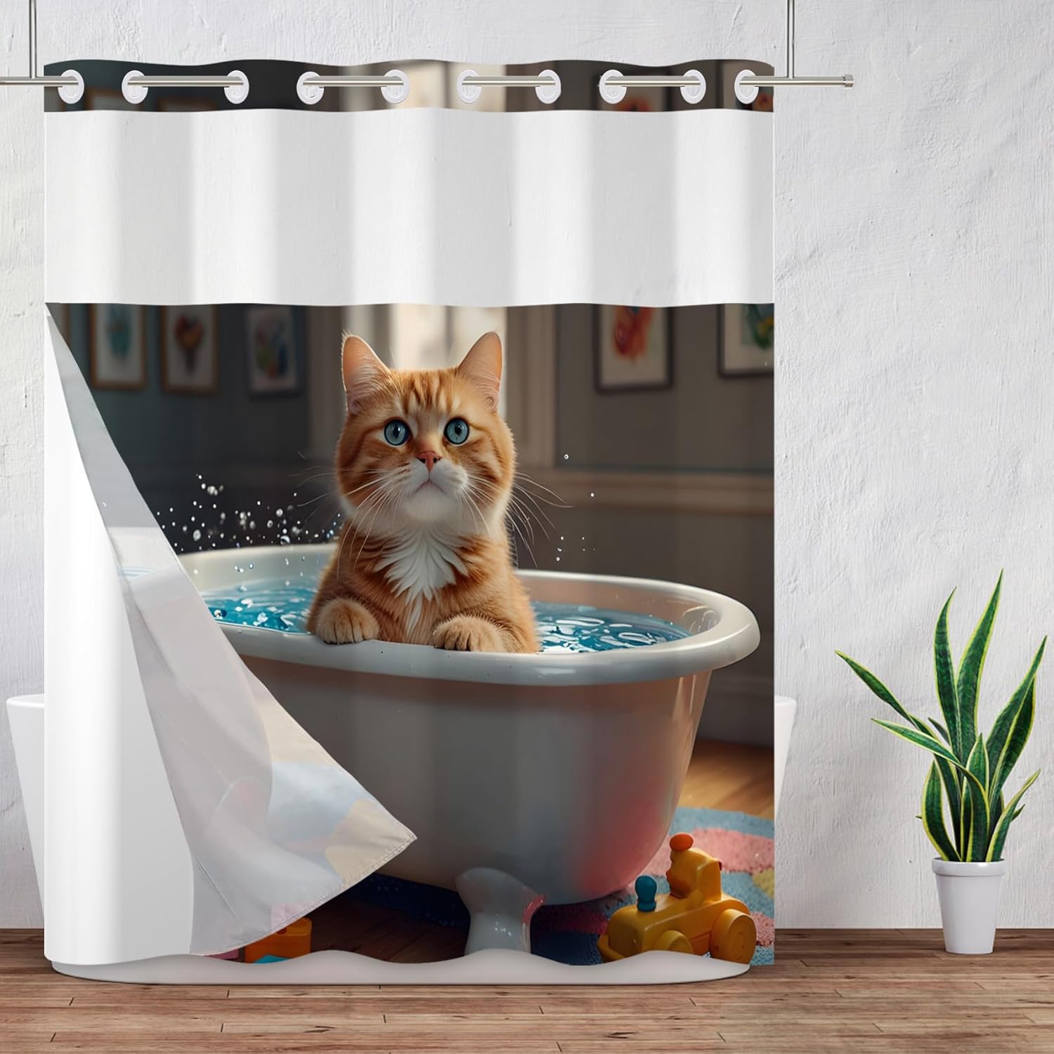 Baocicco No Hook Cute Cat Shower Curtain with Snap in Fabric Liner Set Pet Animals in Bath Kids Double Layer Bathtubs Hotel Curtain Set See Through Top Window Open Grommet Bath Curtains 71x74 Inch