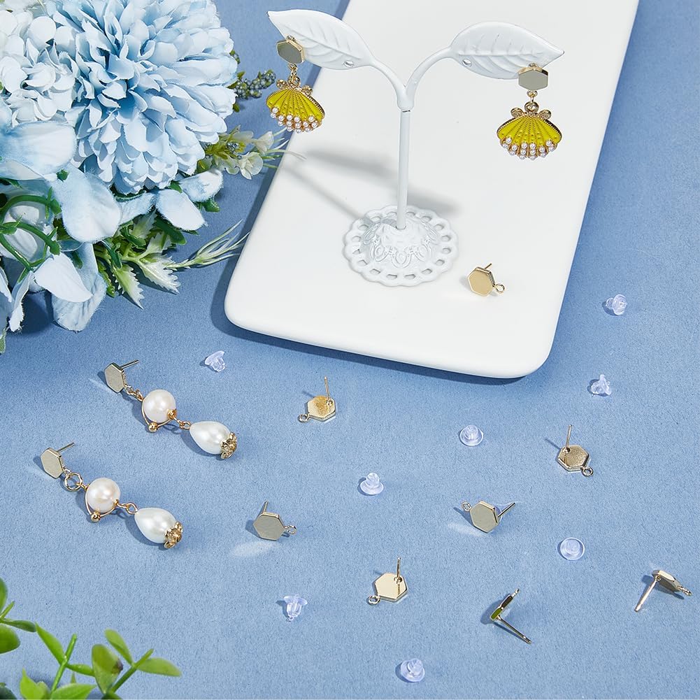 Beebeecraft 1 Box 20Pcs Stud Earring Findings with Loop 14K Gold Plated Hexagon Shaped Geometric Stud Earring Posts with Loop Plastic Ear Nuts for Jewelry Making