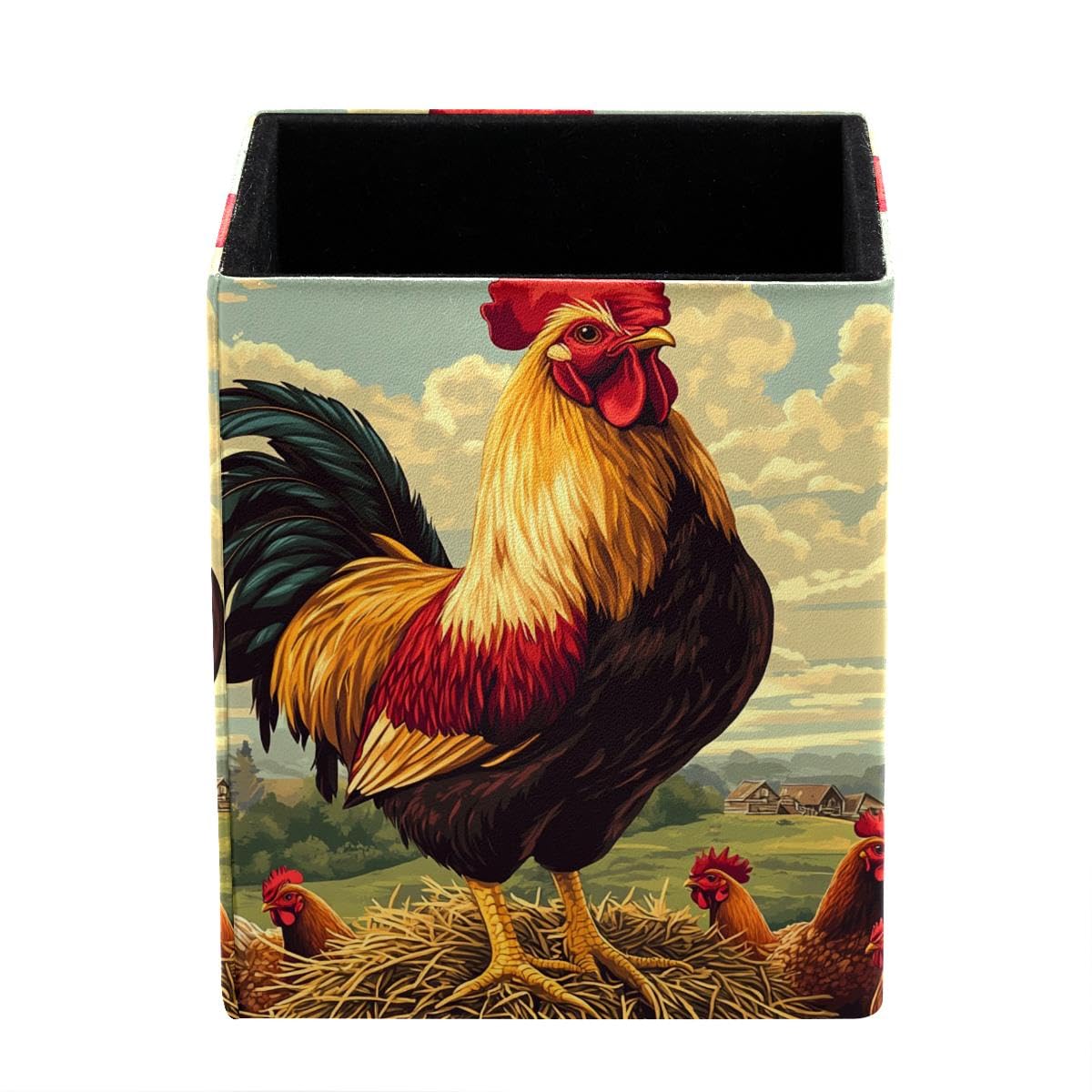 HEOEH Chicken Rooster Fram Pen Holder Pen Pot, Square Pencil Cup for Desk