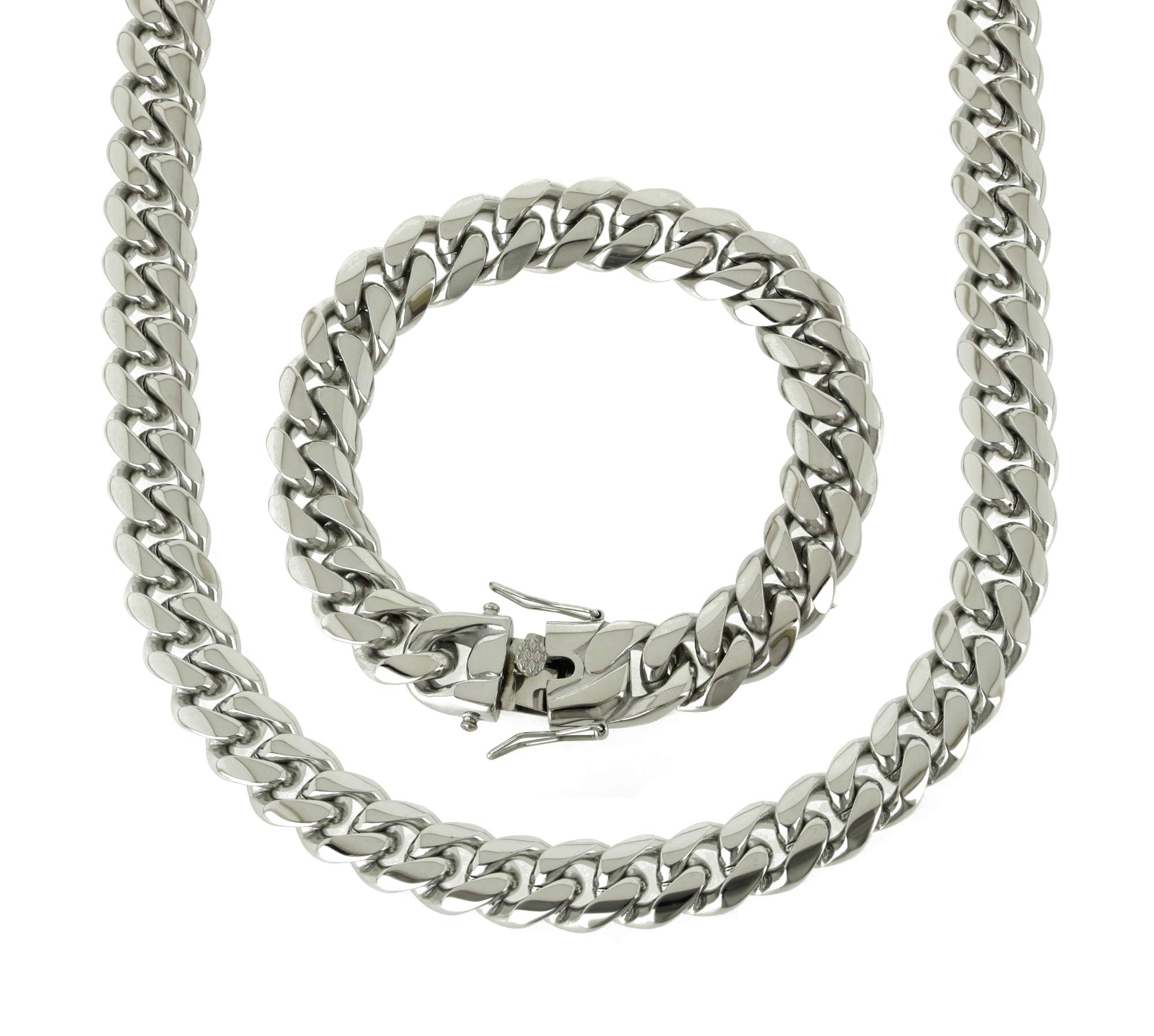 Bling Bling NY - Catena a maglia cubana Miami con finitura in argento massiccio, 14 mm di spessore, con chiusura a catena, 45,7-76,2 cm, bracciale 20,3-25,4 cm