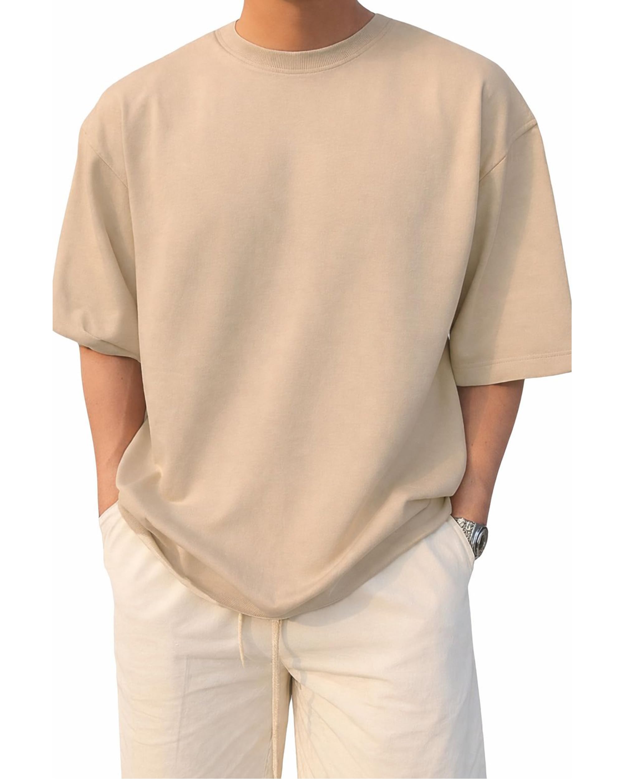 Men's Half Sleeve Round Neck French Terry Oversized Drop Shoulder Over Sized Tshirt for Man-image-32