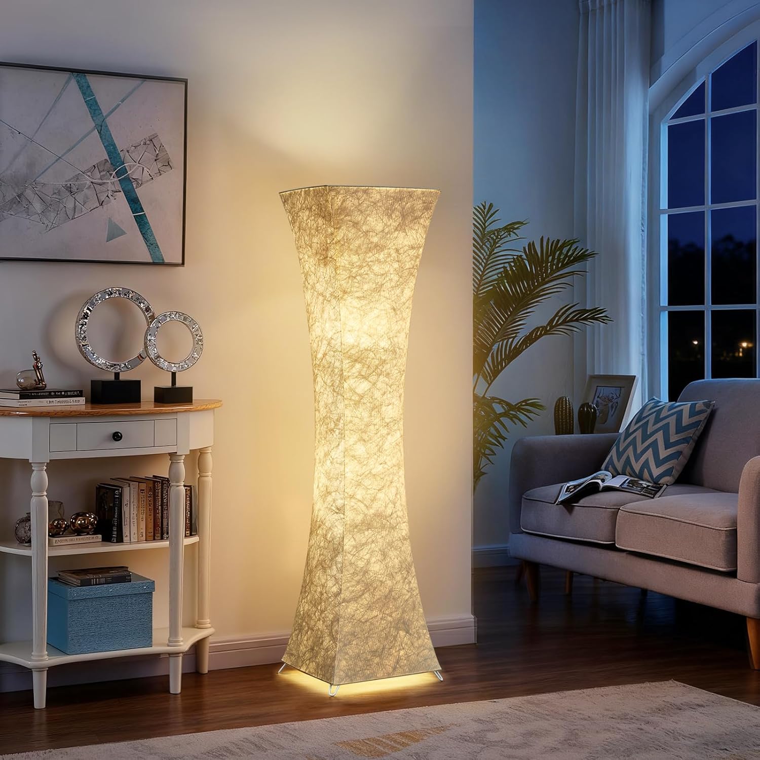 GyroVu Floor Lamp for Living Room, 47“ Adjustable Color Temperature Standing Corner Floor Lamps, Modern Column Floor Light with White Fabric Shade for Bedroom, Home Office, Kids Room, 2 Bulbs Include