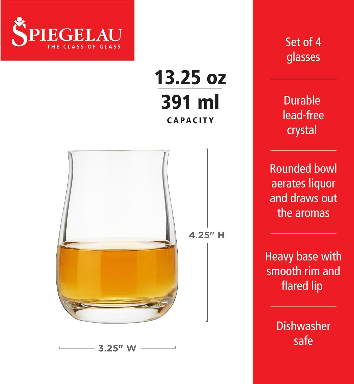 Spiegelau Single Barrel Bourbon Glasses Set of 4 - European-Made Crystal, Modern Whiskey Glasses, Dishwasher Safe, Cocktail Glass Gift Set - 13.25 oz