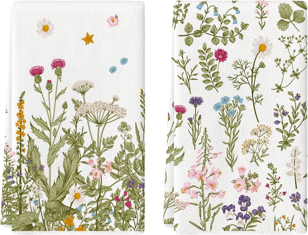 Artoid Mode Wildflower Floral Kitchen Towels Dish Towels, 18x26 Inch Leaves Holiday Decoration Hand Towels Set of 2