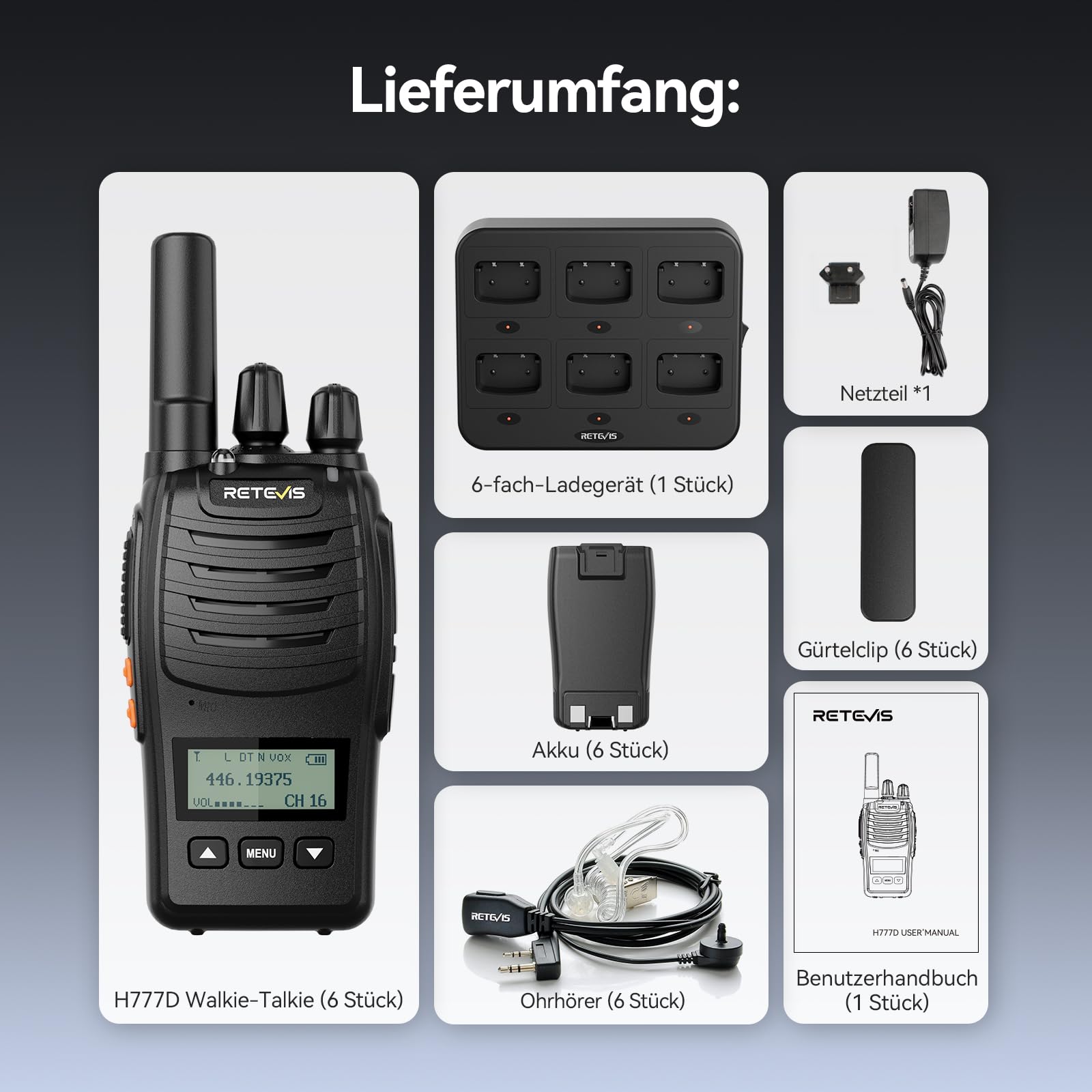 Retevis H777D Walkie Talkie Lizenzfrei, PMR Funkgeräte mit 6-Wege-Ladegerät, LCD-Bildschirm, USB-Aufladbarer 1200mAh Akku, Tragbares Funkgerät für Geschäfte, Sicherheit (6er-Pack, Schwarz)