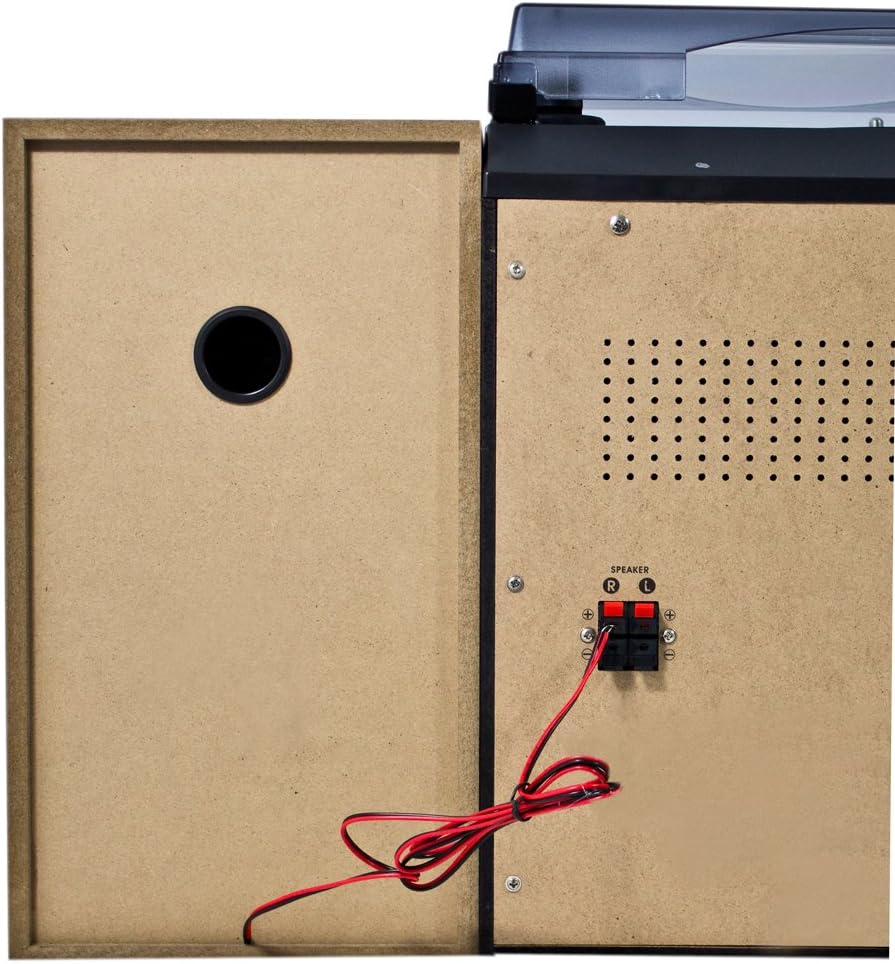 E pasme view of the Karcher KA 350 stereo system, showing speaker terminals (red and black clips for left and right channels) and the power input.