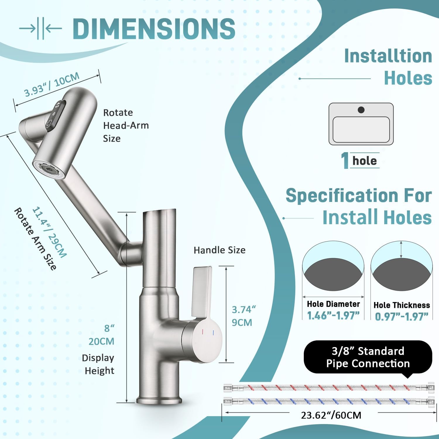 Rotatable Bathroom Faucet with Temperature Display in Fahrenheit(Batteries-Free), Height Adjustable Sink Smart Faucet with 3 Water Settings for Bathroom Lavatory Vanity Sink, LCF-2401, Brushed Nickel