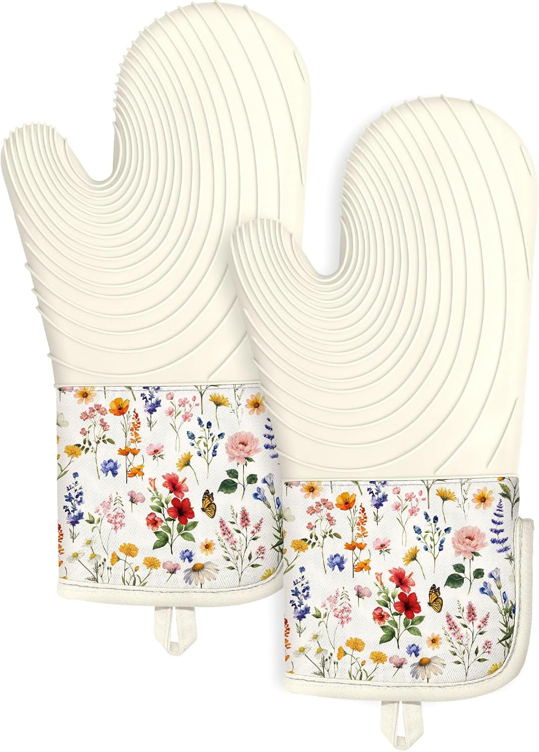 Slohif Long Silicone Oven Mitts Heat Resistant for Women - 2 Pcs Red Flower 100% Cotton Oven Gloves, Non-Slip and Waterproof Silicone Oven Mitts with Hanger for Baking and Cooking