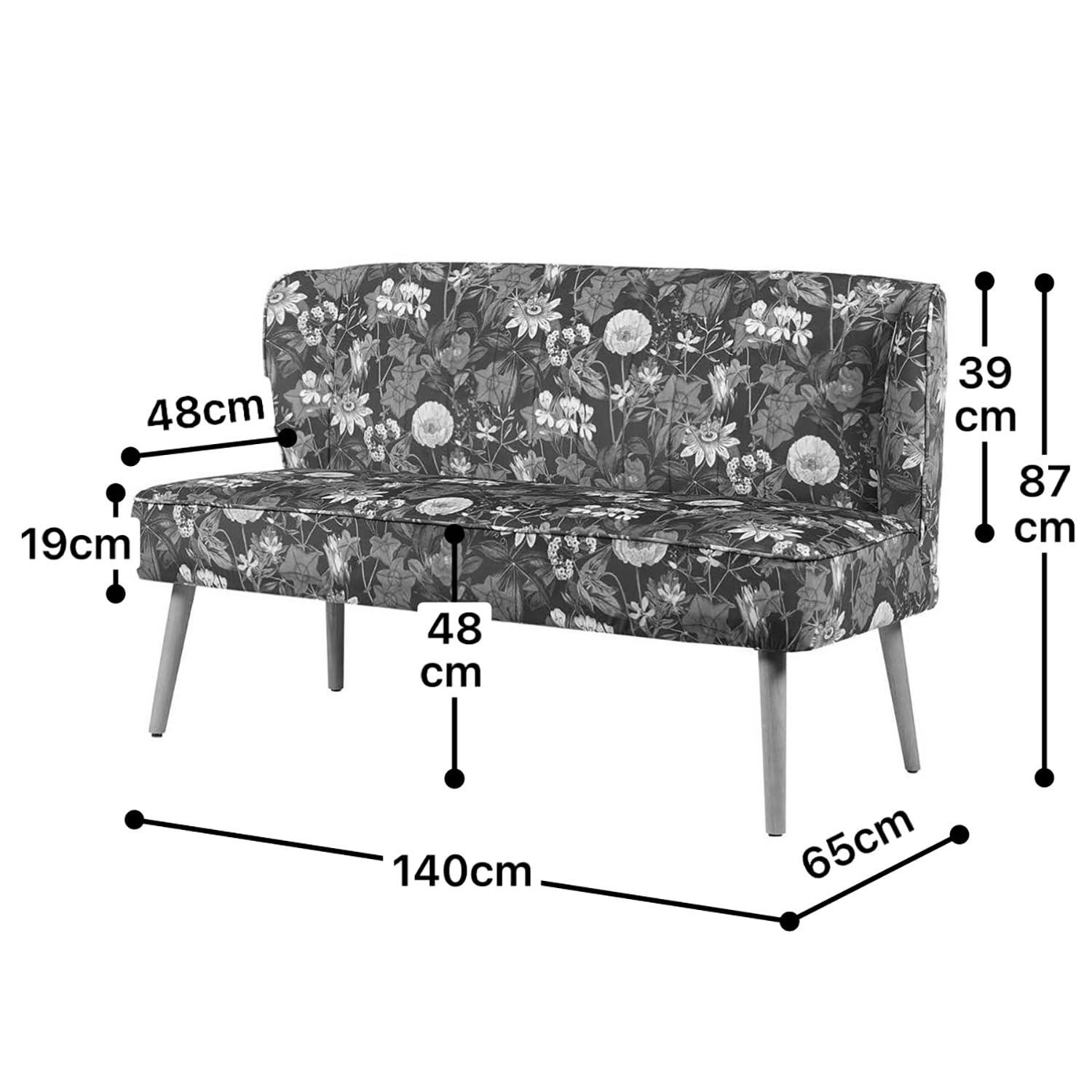 DUBI Möbel Sitzbank Sophia 140 cm mit Federkernpolsterung – Komfortable Esszimmerbank im Blumen-Design – Gepolsterte Küchenbank Dunkelblau Floral – 2-Sitzer Sofa mit Holzbeinen