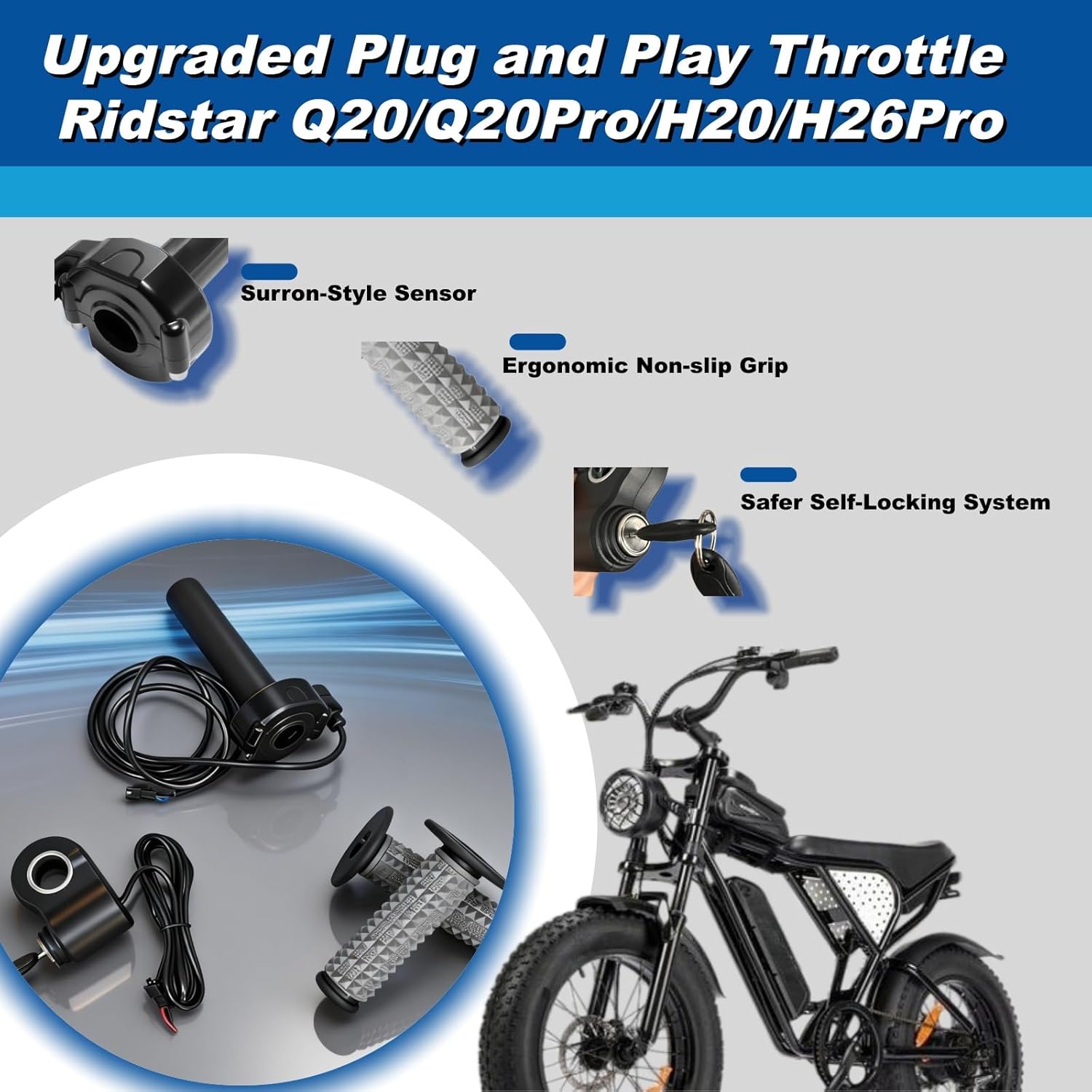 Surron Throttle for Ridstar Q20, Full Twist Throttle with Rolling Bearing, Plug and Play Ebike Throttle Compatible with Ridstar Q20/Q20Pro/H20 Electric Dirt Bike (Ignition Switch)