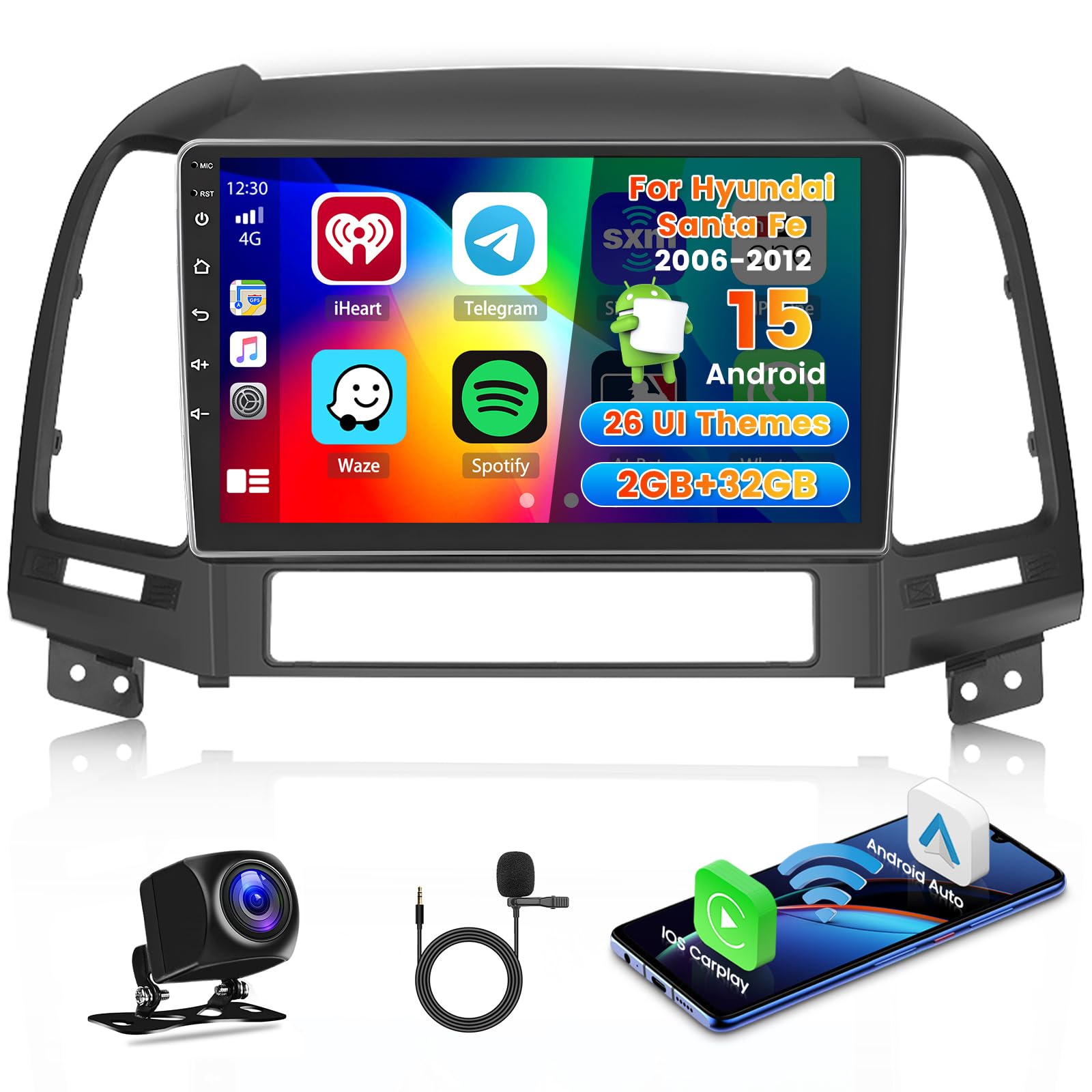 Roinvou 2+64G Android 15 Radio per Hyundai Santa Fe 2006-2012 con Wireless Carplay Android Auto, Android Autoradio 9 Pollici Stereo Auto con WIFI GPS Bluetooth EQ FM/RDS SWC Telecamera Posteriore