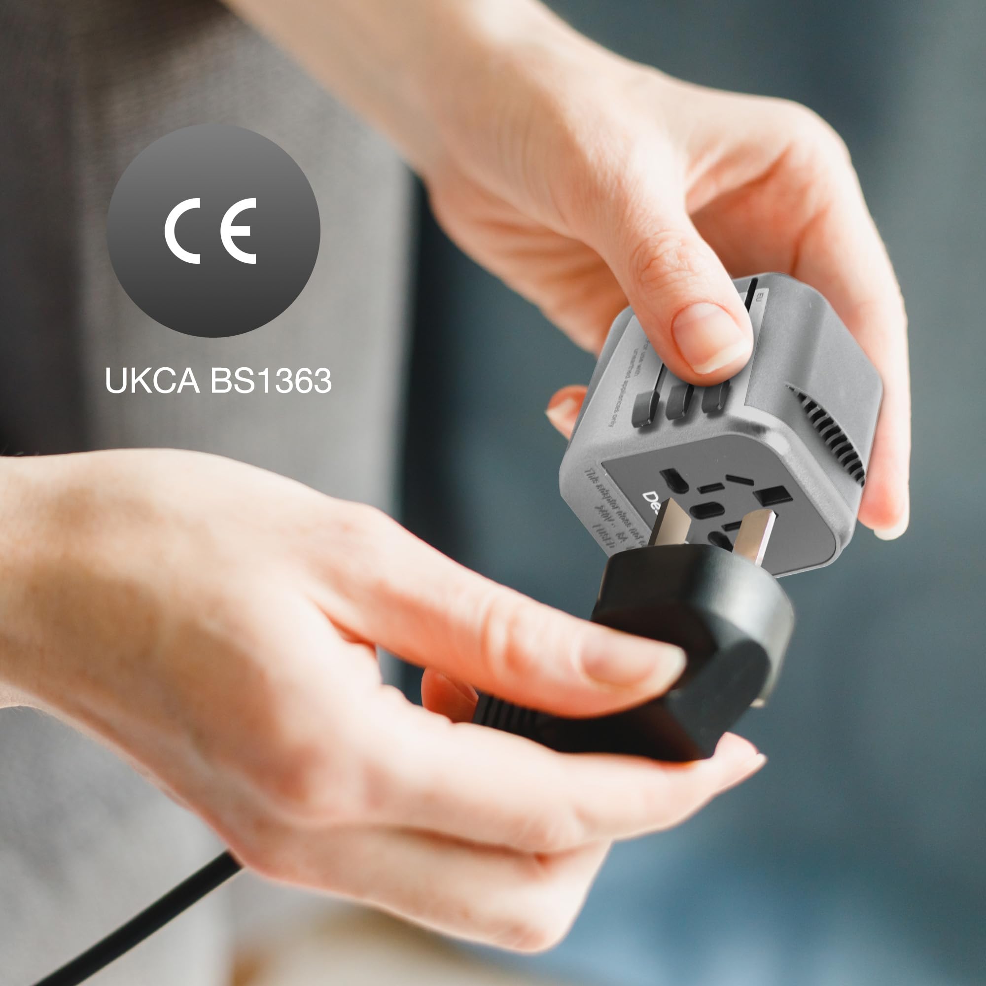 Desiretech Travel Adaptor - 4-in-1 Universal Plug Adapter with USB-A, USB-C, Phone Docking - Compact UK to World Adaptor, Double Fuse Protection - Perfect for Europe, USA, Asia & Beyond (White/Grey) — view 6