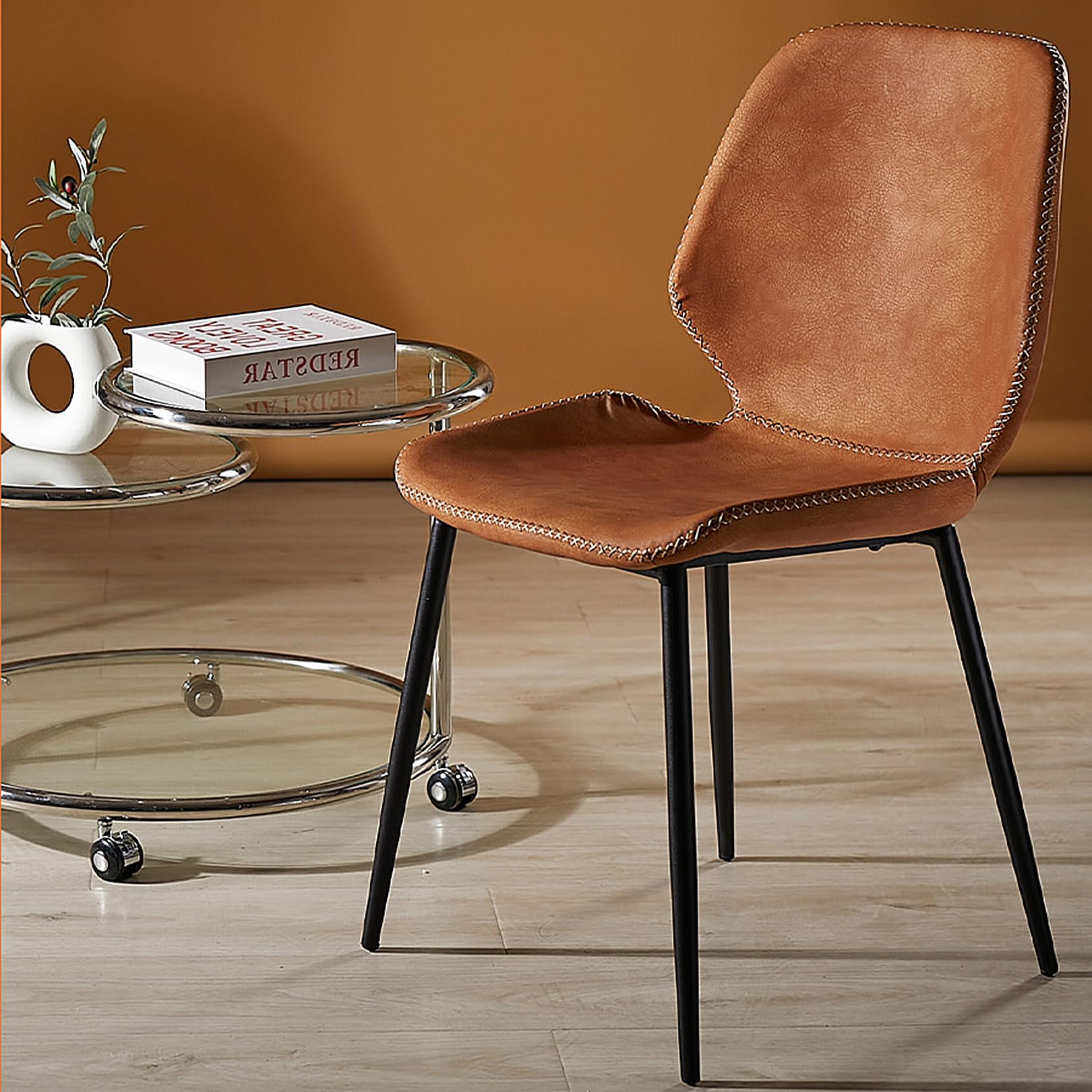 Dining Chairs Set of 4 Mid-Century Modern Dining Chairs, Kitchen Dining Room Chairs, Curved Backrest Faux Leather Upholstered Dining Chair with Metal Legs
