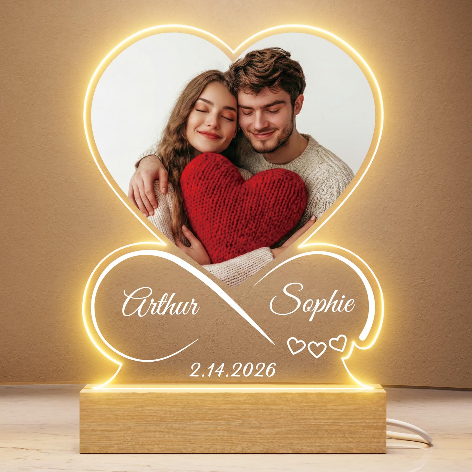 Personalised Infinity Heart Night Light - Custom LED Picture Frame with Photo & Names - Valentines Day Gifts for Couples Him Her - Customised Anniversary Birthday Gifts for Men Women — image 1