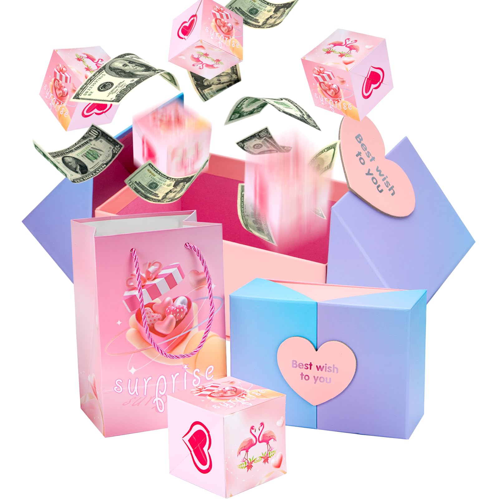 Voeveca Caja de regalo sorpresa para dinero, cajas de regalo plegables que rebotan, caja de regalo sorpresa de mejor deseo, caja de corazón explosión para cumpleaños, aniversario, día de San Valentín