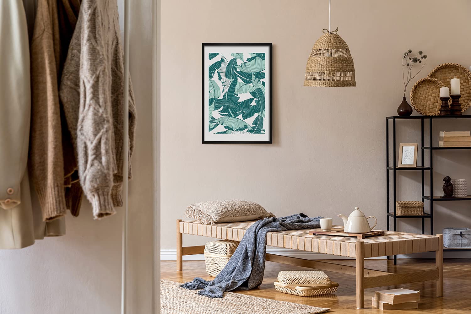 Tulup Obraz w Ramce MDF 50x70cm Dekoracja Na Ścianę Do Kuchni Salonu Sypialni Obrazek Ścienny Grafika Fotoobraz Rama Oprawiony - tropikalnych liści