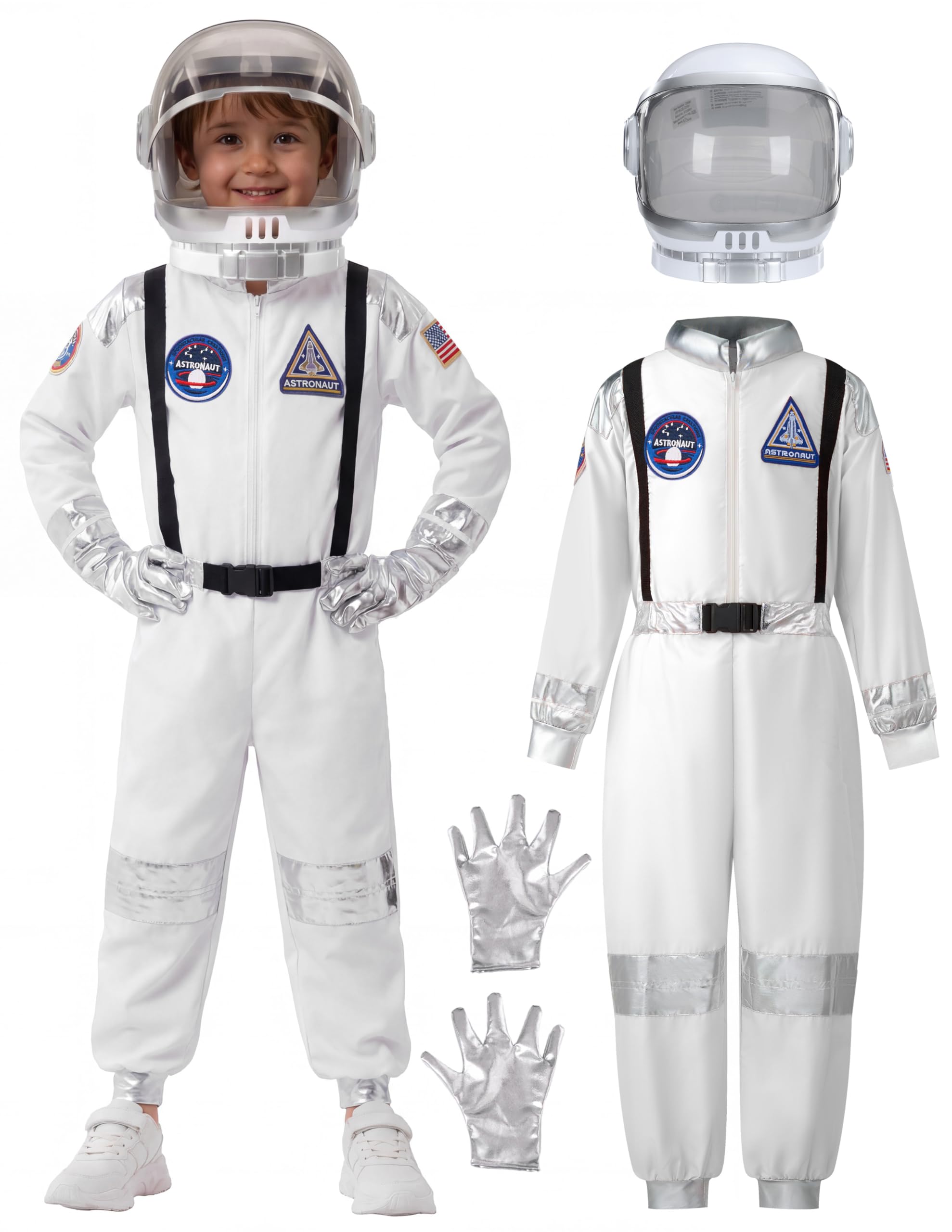 Spooktacular Creations Kostium dla dzieci na Halloween, uniseks, srebrny pasek, kostium astronauta, kombinezon dla jeźdźców z kaskiem, 3T-L (3-12 lat)