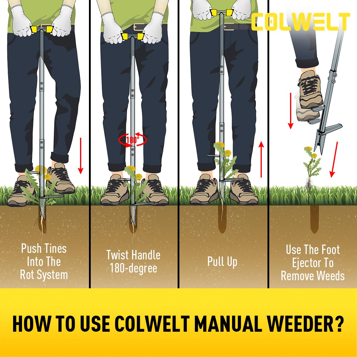 Colwelt Unkrautentferner-Werkzeug, 100 cm, Unkrautabzieher, Wurzelentferner mit dicker Stahlklaue, langstieliges Unkrautwerkzeug mit einfachem Fußauswerfer, stehender Gartenjäter Werkzeug für