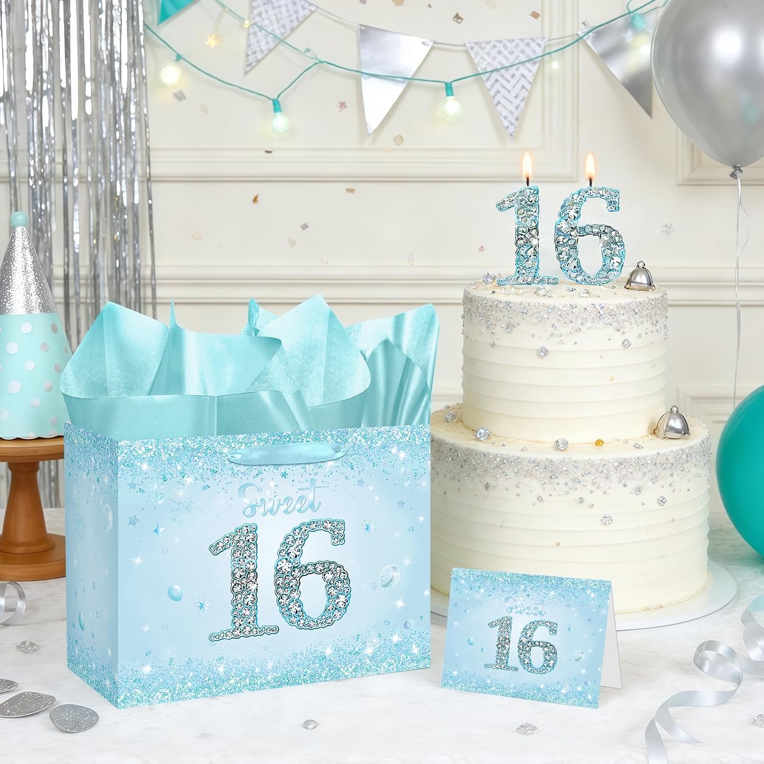TagreSpike Sweet 16th Birthday Gift Bag for Girls, Light Blue 16th Birthday Party Decorations Large Sweet 16 Gift Bag with Card and Wrapping Paper Happy 16 Year Old Bday Party Supplies
