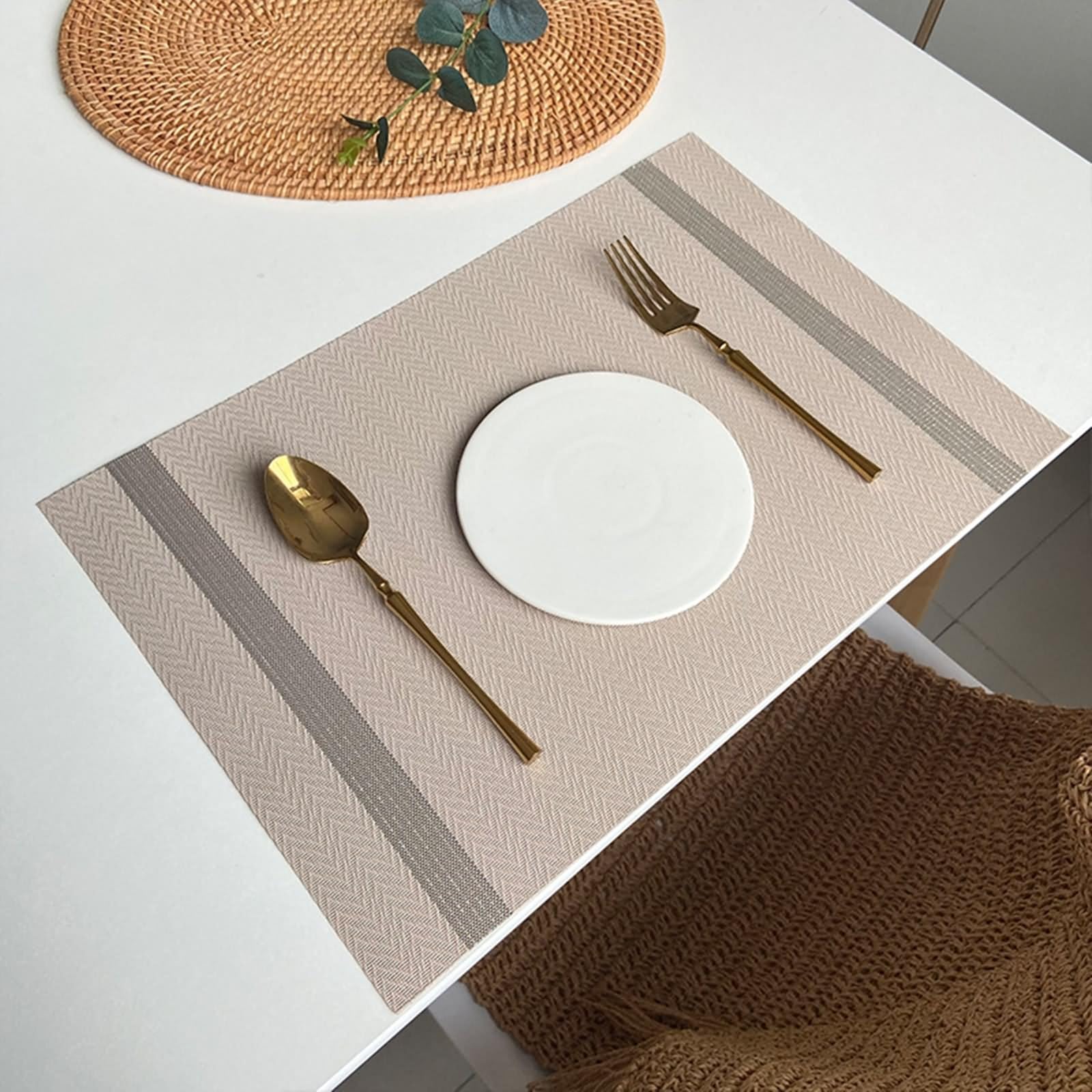 Platzdeckchen 6 Stück, Platzsets Coffee 30x45cm Gewebtes Wellenstreifenmuster Vinyl Polyester Hellbraun