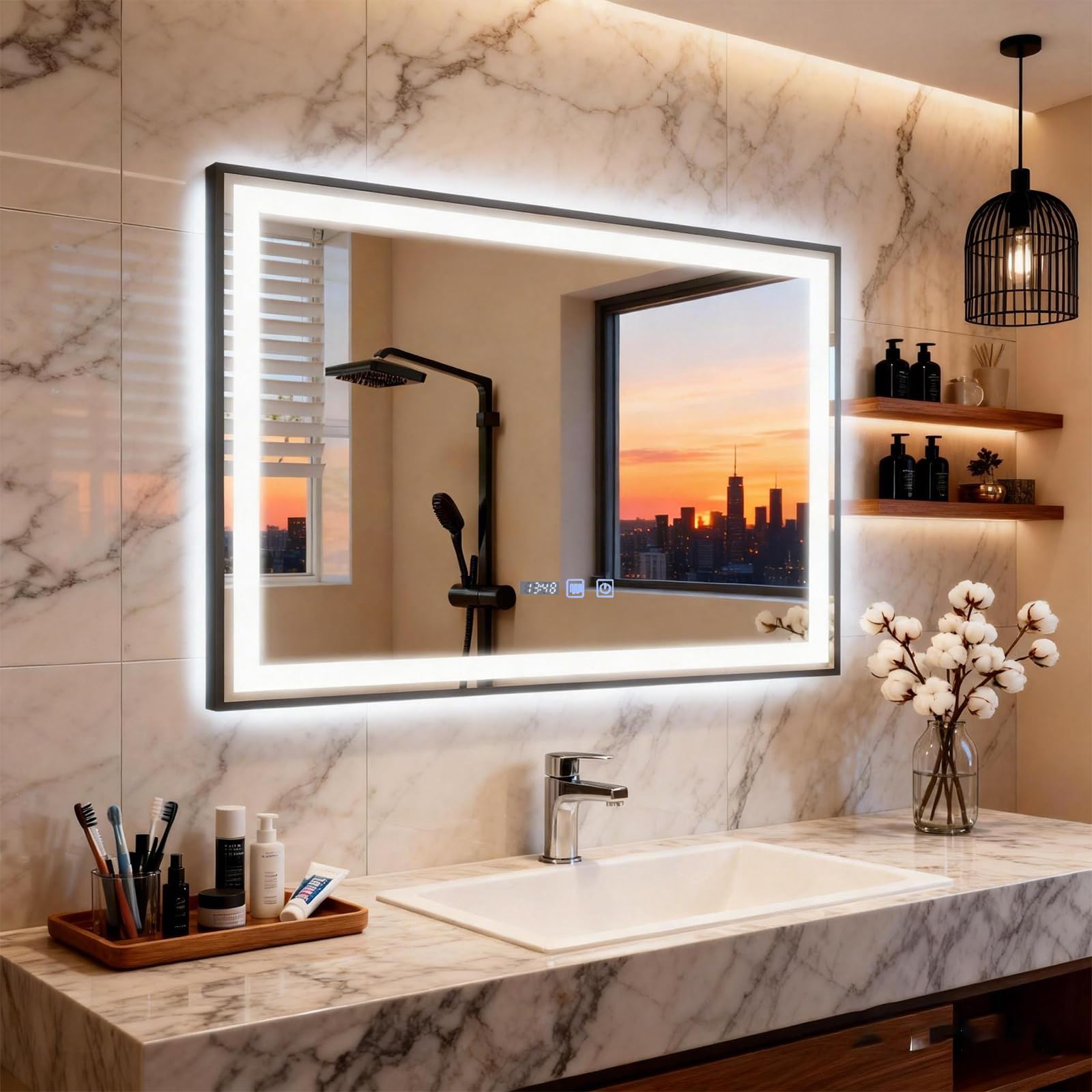 YU YUSING Badspiegel mit Beleuchtung 70x50cm Badezimmerspiegel LED Mit Uhr | Beschlagfrei, 3 Lichtfarbe Dimmbar, Wandspiegel Metallrahmen mit Touch-Schalter, LED Spiegel mit IP44, Vertikale Schwarz