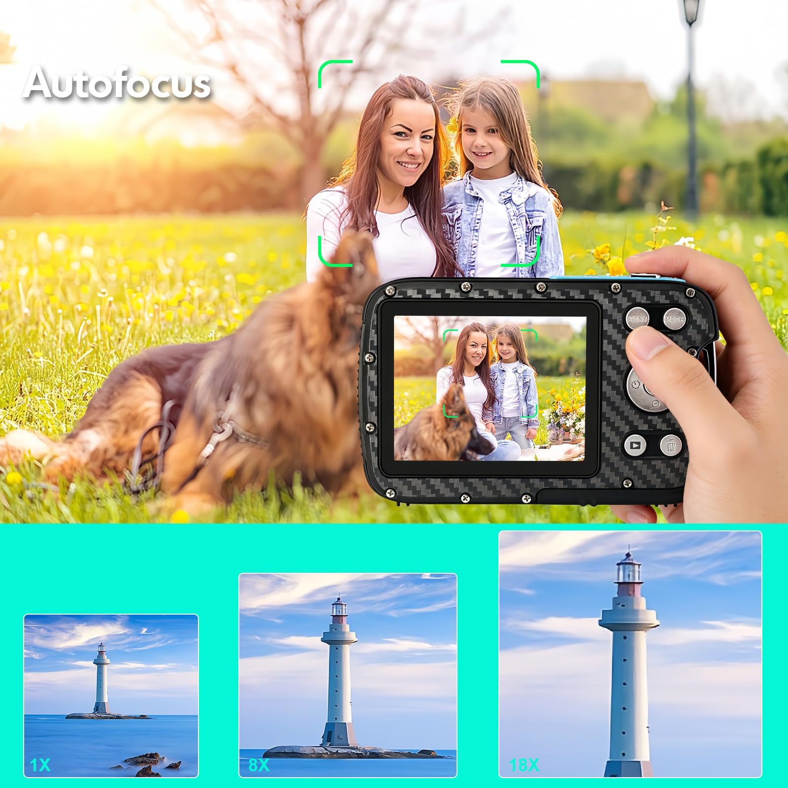 Cámara subacuática 4K de 17 pies impermeable para esnórquel, cámara digital de enfoque automático con tarjeta de 32 GB, luz de llenado de zoom de 18 aumentos, cámaras compactas