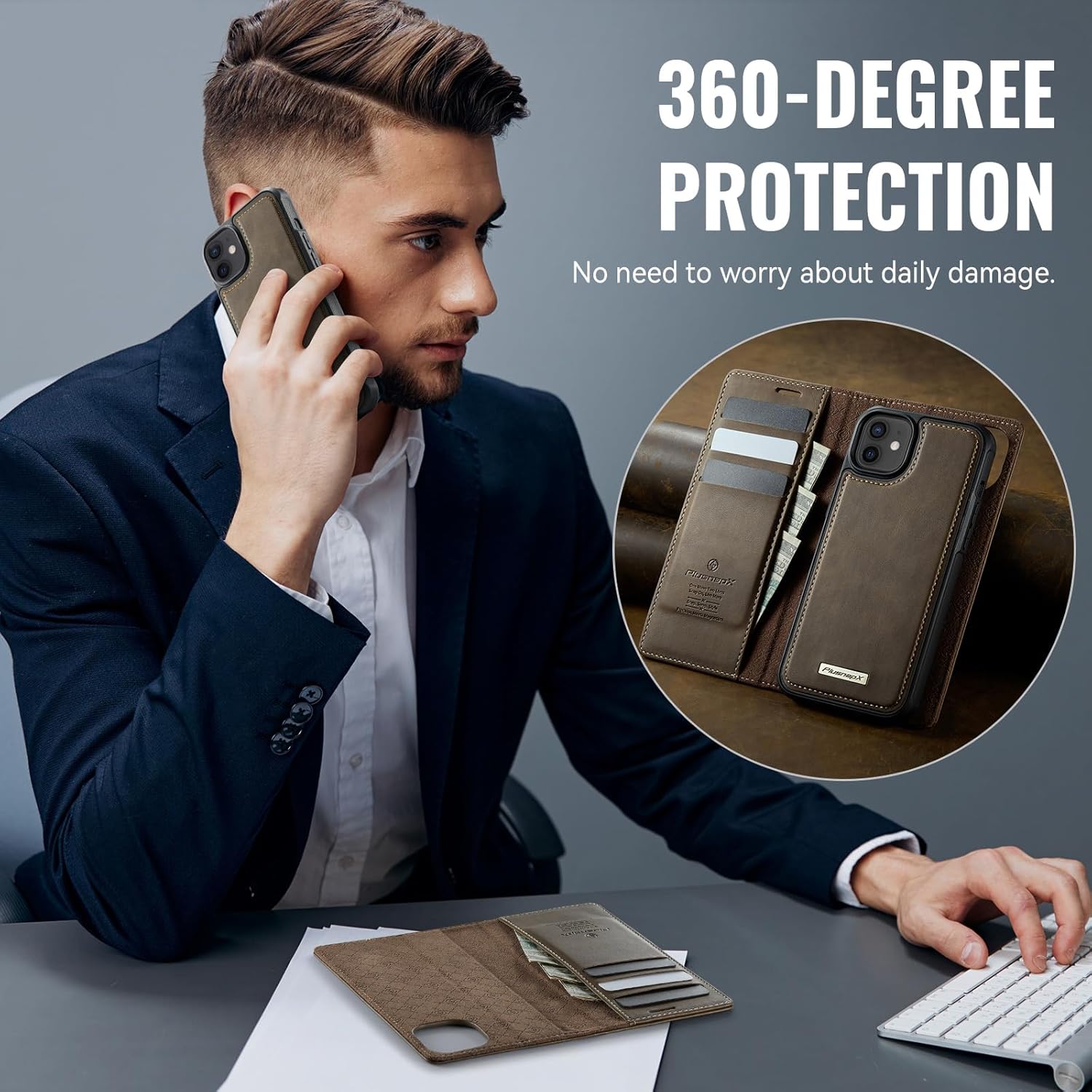 Wallet Case for iPhone 12 / iPhone 12 Pro Compatible with Magsafe, 2-in-1 PU Leather Flip RFID Blocking Card Holder Stand Shockproof Magnetic Detachable Cover for iPhone 12 Pro Case, Brown