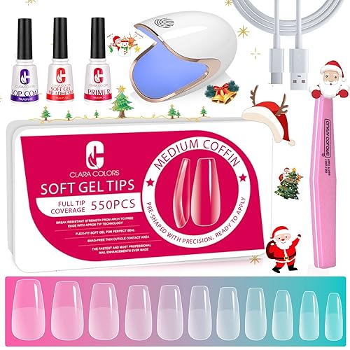 Clara Colors Kit de uñas de gel suave, puntas de uñas de gel medianas, 550 piezas y lámpara de uñas LED, pegamento de uñas, capa superior, punta de