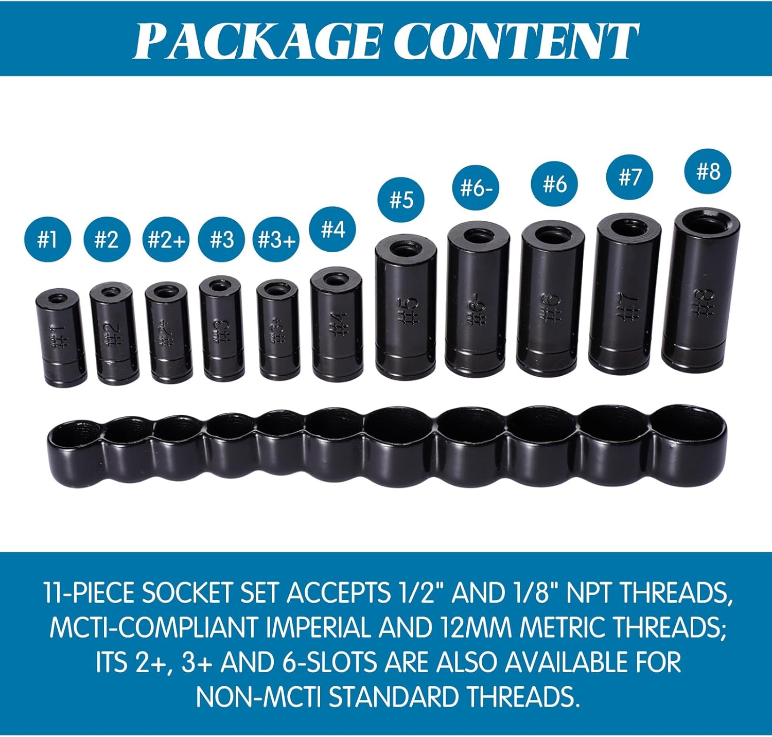 11 Pack 70700 Tap Socket Set Tap Socket Fits All Number and Fractional MCTI Standard Taps Thru 1/2" and 1/8" NPT Taps