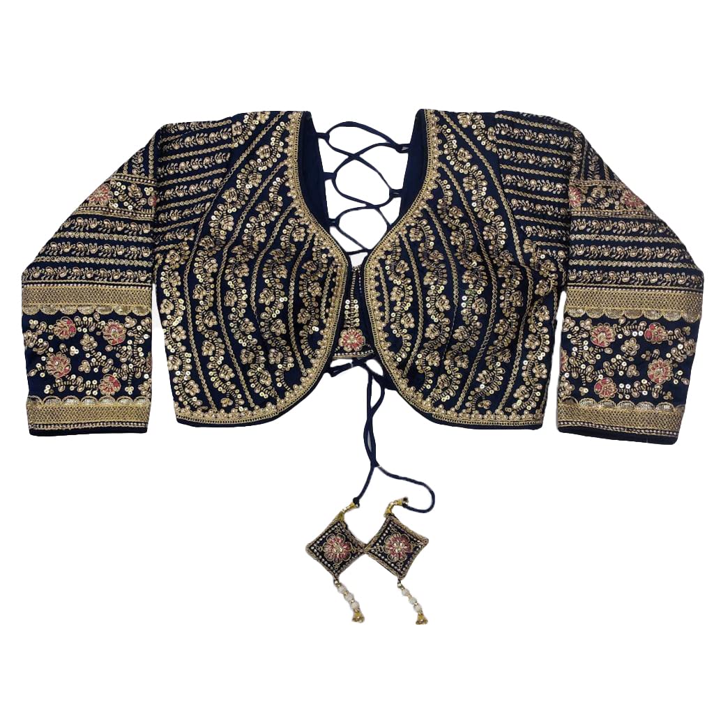Pujia Mills Women's Heavy Embroidery Coding With Sequins Work 3/4Th Sleeves Fancy Readymade Saree Blouse(Missy Navy Blue_38)