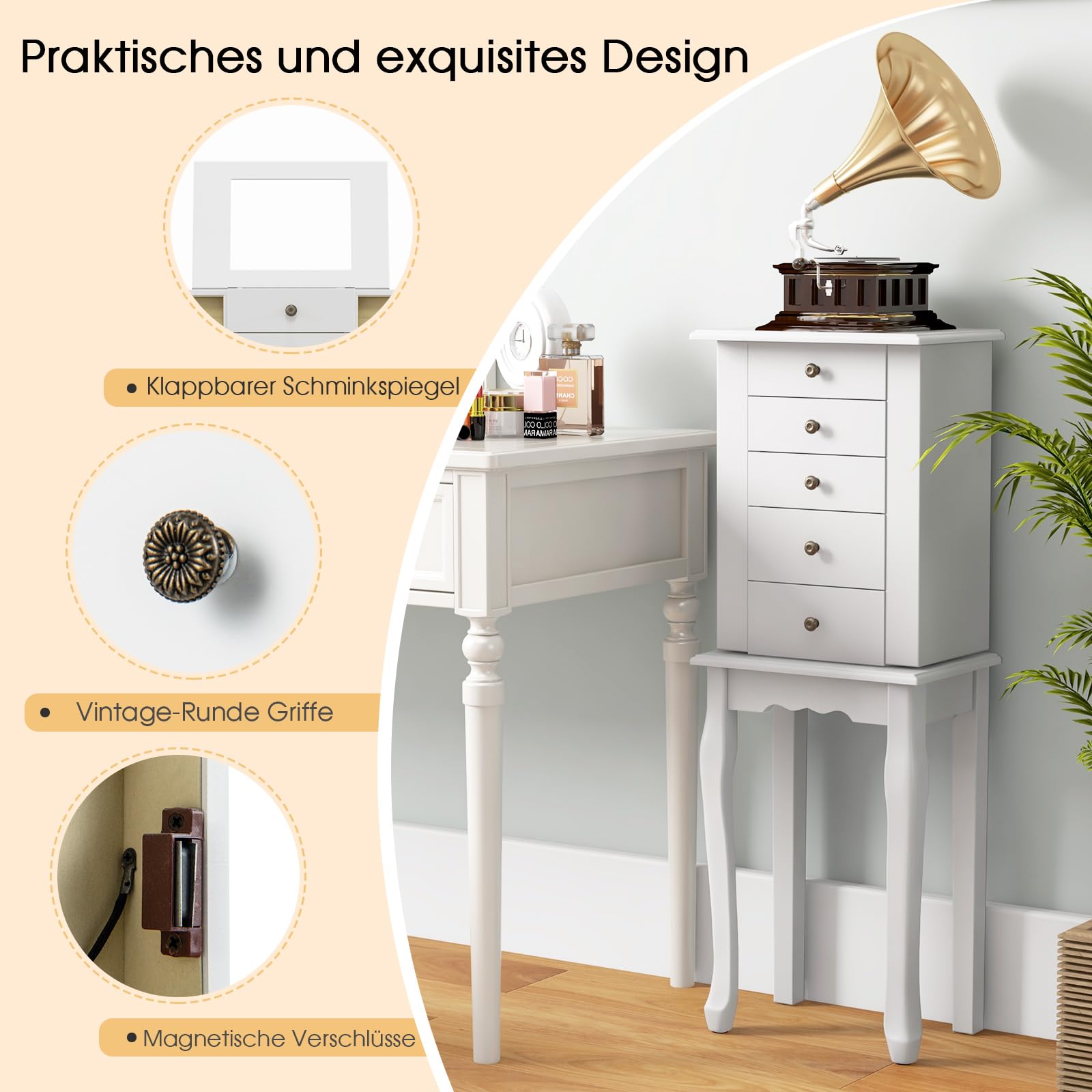 COSTWAY Schmuckschrank mit Spiegel, Schmuckkästchen mit Schubladen & Griffen & 8 Haken, Schmuckkommode mit Massivholzbeinen & Klapptüren, Aufbewahrungsschrank für Schmuck, Weiß