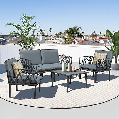 Domi Outdoor - Juego de 4 piezas de conversación para patio con cojines grises extraíbles, mesa de comedor de plástico y sillas para jardín, césped,