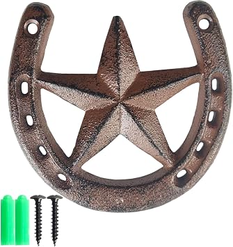 RONYOUNG Cast Iron Horseshoe with Star Wall Decor, Medium Horseshoe Durable Cast Iron for Indoor Or Outdoor