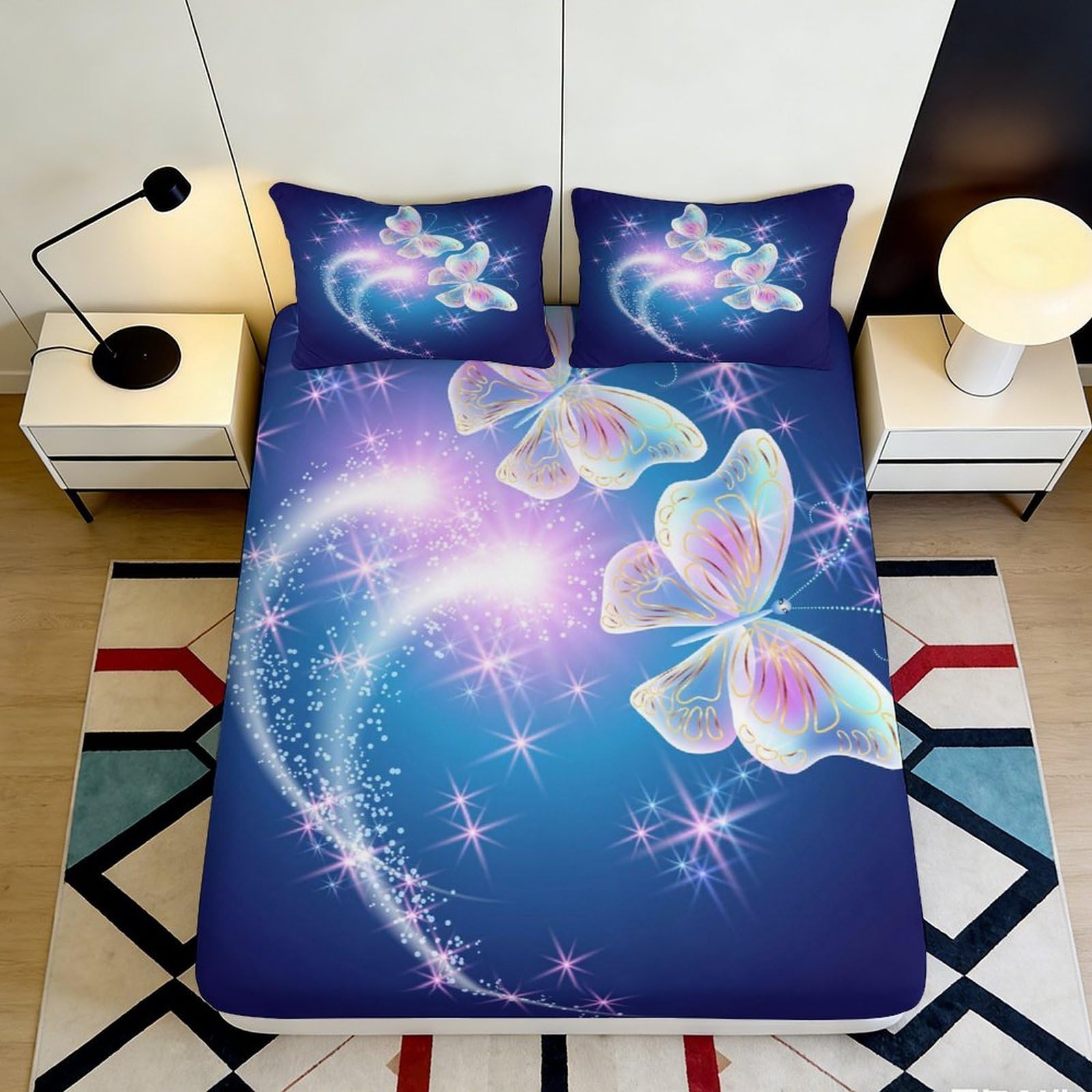 3D Printed Blue Butterfly Fitted Sheet Microfiber Soft Bedroom Decor Shimmer Sparkle Mattress Cover for Home Guest Room 90x200x25cm