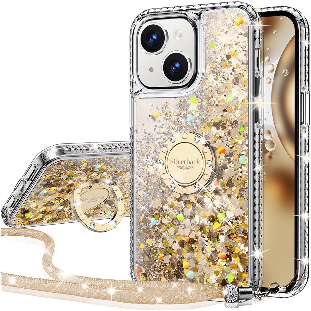 Silverback for iPhone 13 Mini Case with Ring Stand, Women Girls Bling Holographic Sparkle Glitter Cute Cover, Diamond Ring Protective Phone Case for iPhone 13 Mini 5.4'' - Clear Gold