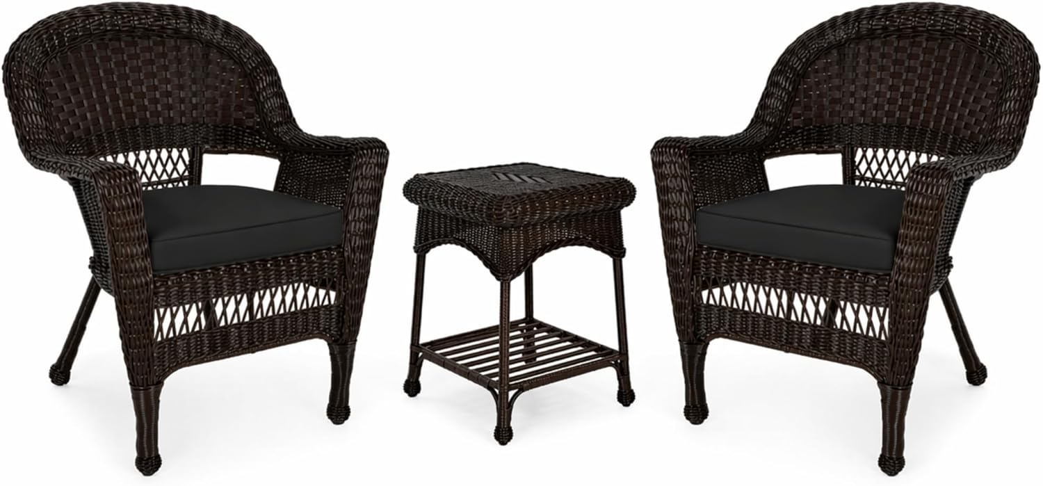 Jeco 3 Piece Wicker End Table Set with with Black Chair Cushion, Espresso