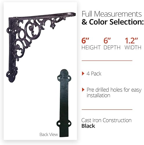 Miniatura 2 de NACH Soportes decorativos para estantes, paquete de 4 unidades de 6 x 1.3 x 6 pulgadas, soporte de estante de hierro fundido negro, soportes de