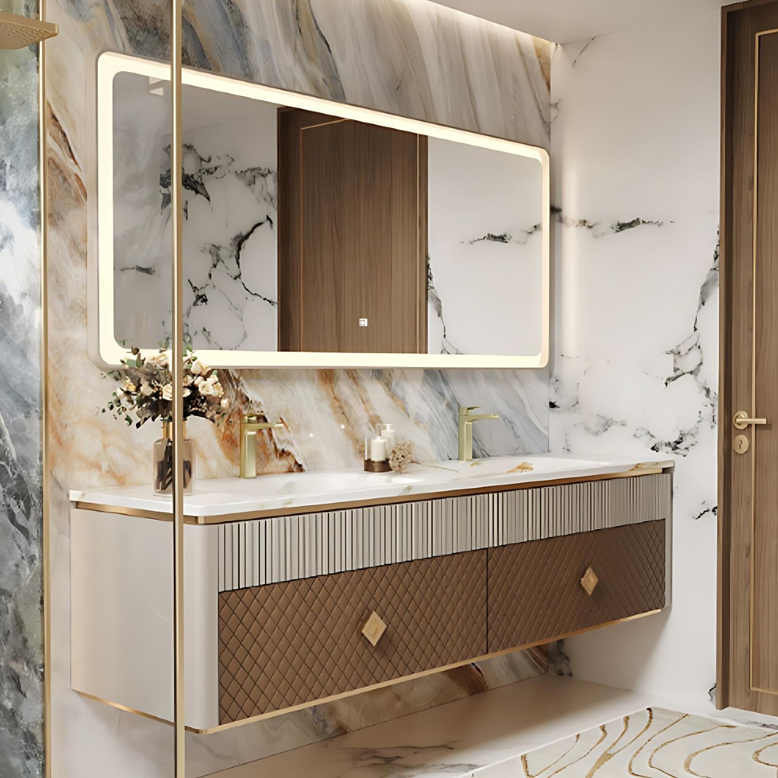 92IN Double Sink Bathroom Vanity - Floating Bathroom Vanity with 2 Large Capacity Drawers, Includes Smart Defog Mirror Cabinet, One-Touch Defog & Lighting, Brown - Mirror