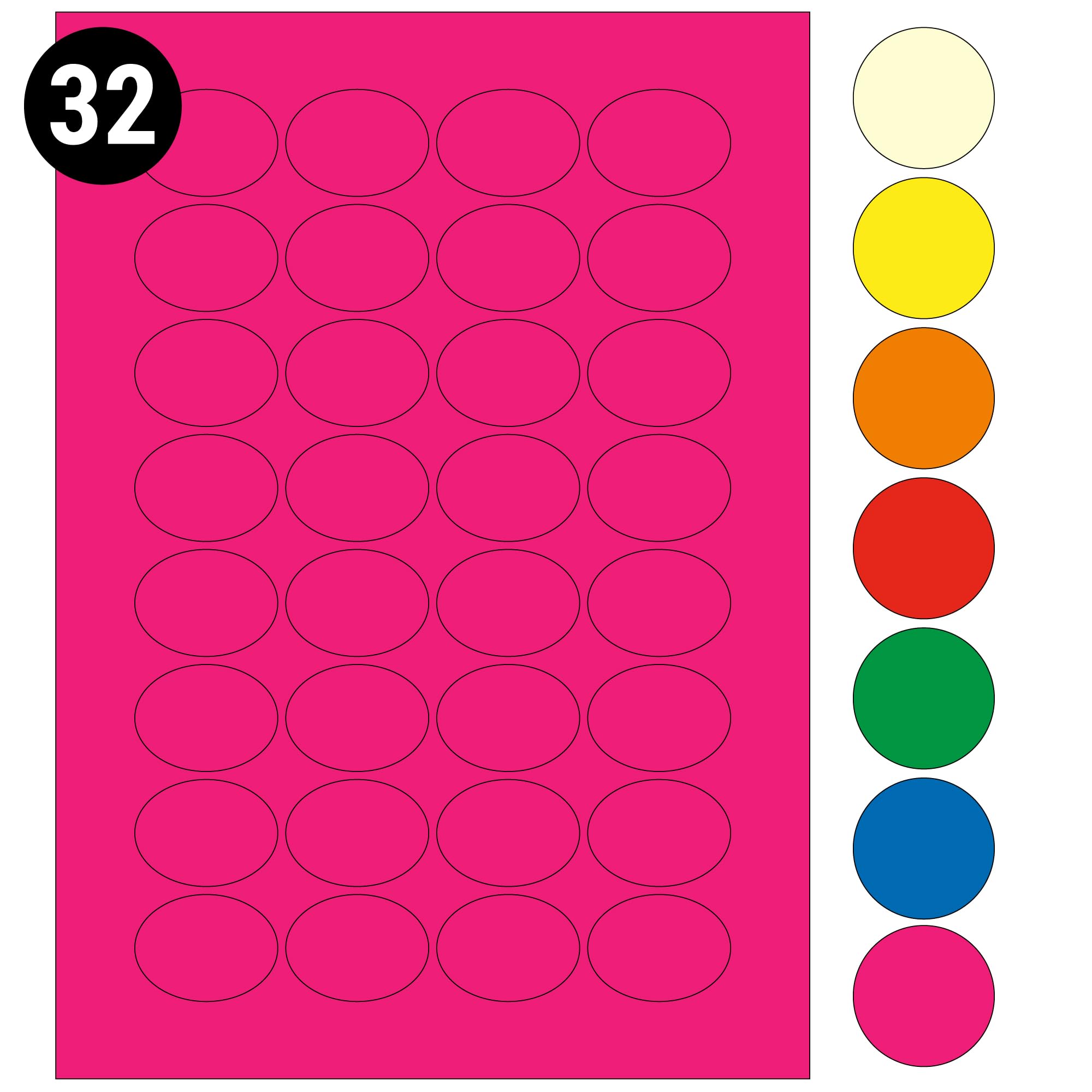 L&B Colour Range - Oval Labels – 3 Sizes & 7 Vibrant Colors – A4 Sheet – Compatible with Laser & Inkjet Printers (Pink, 32 Labels Per Sheet - 100 Sheets)