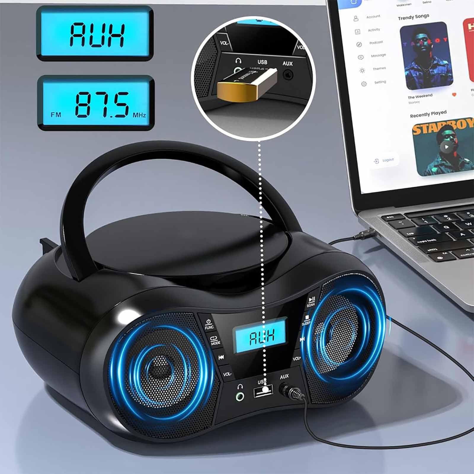 Boombox portatile con lettore CD con display LCD, cuffie, alimentazione a batteria, timer di spegnimento, AUX/USB/FM, connettività migliorata per un facile funzionamento