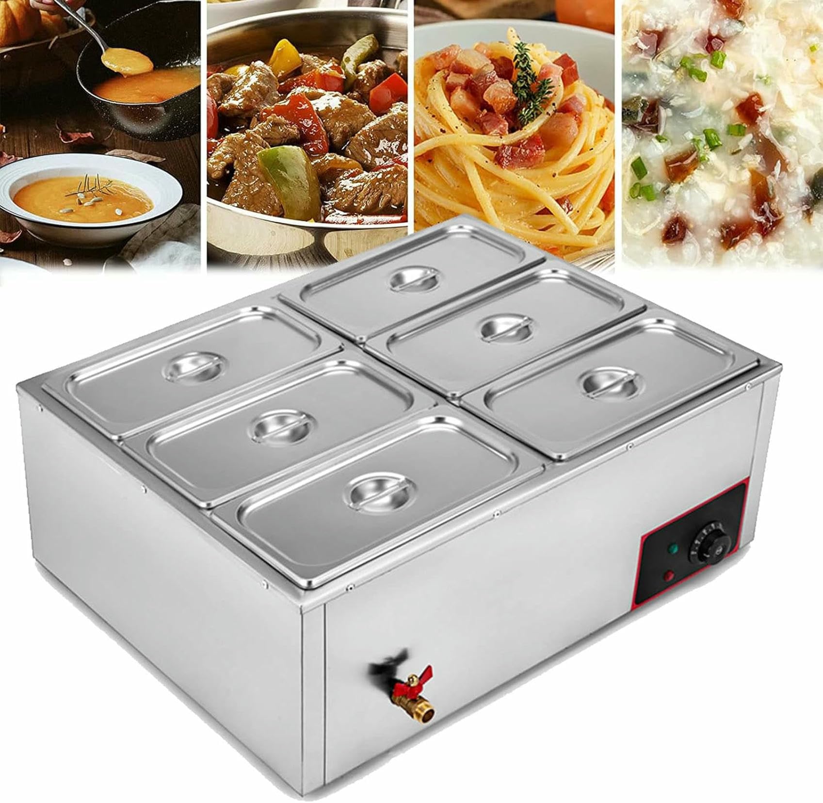 Buffet Eléctrico con 6 Sartenes Y Placa De Calentamiento/Bandeja De Calentamiento, Temperatura Ajustable, 850 W Buffet De Calentamiento Portátil, Bandeja De Servicio De Catering De Buffet ~/