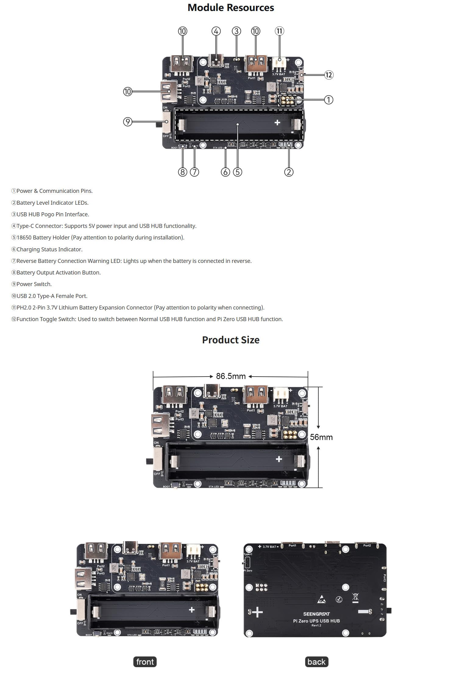 Pi Zero UPS HUB HAT per Raspberry Pi Zero Series, scheda di espansione USB 2.0 a 3 porte con backup di alimentazione, supporto Ba-ttery 18650, gestione intelligente della carica e dello scarico