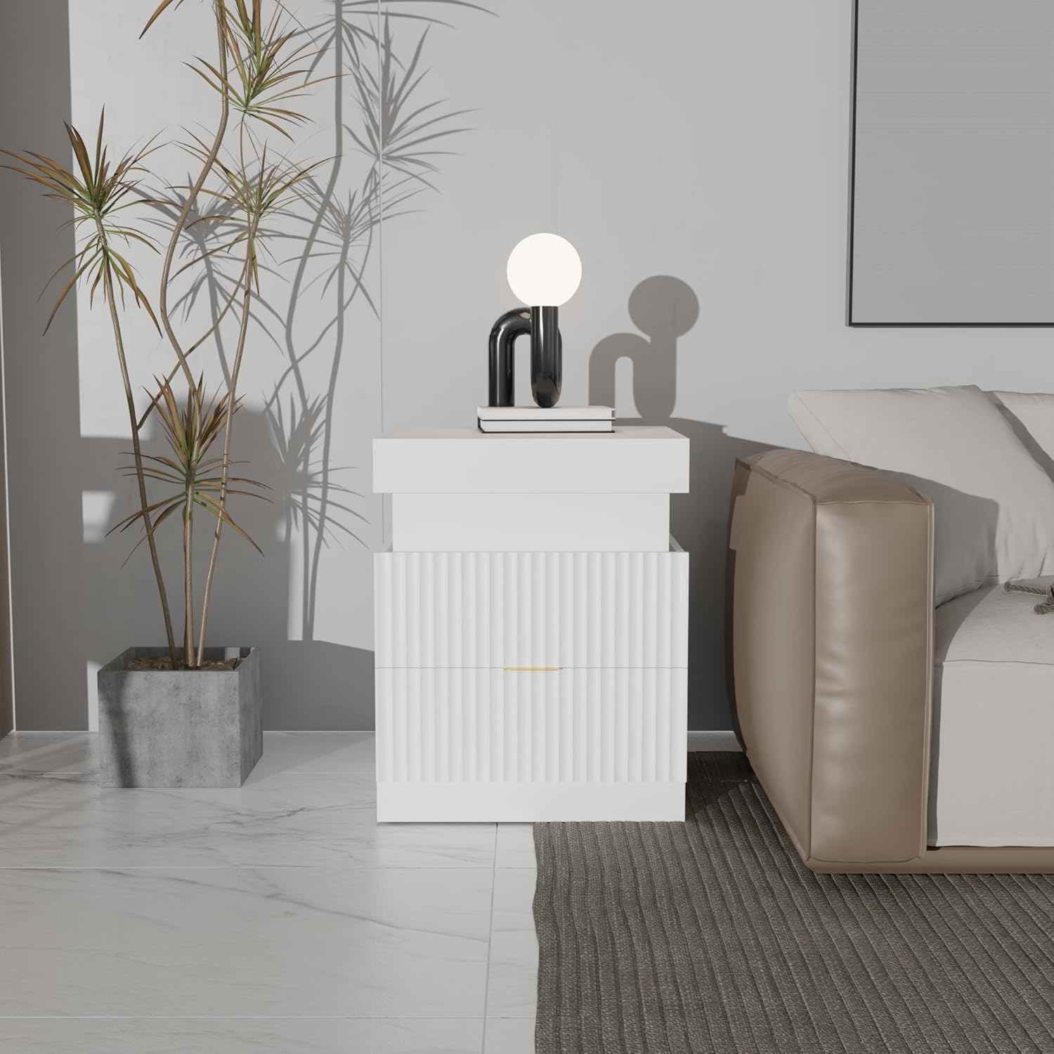 Wooden Nightstand with Charging Station & LED Lights, Modern Fluted Bedside Table with Sliding Top & Drawers for Bedroom & Living Room, White