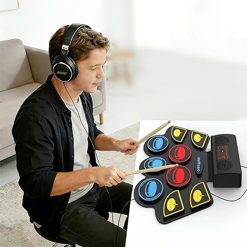 Miniatura 9 de Juego de batería eléctrica para niños, almohadilla electrónica con baquetas iluminadas y soporte de batería, altavoces dobles integrados y batería