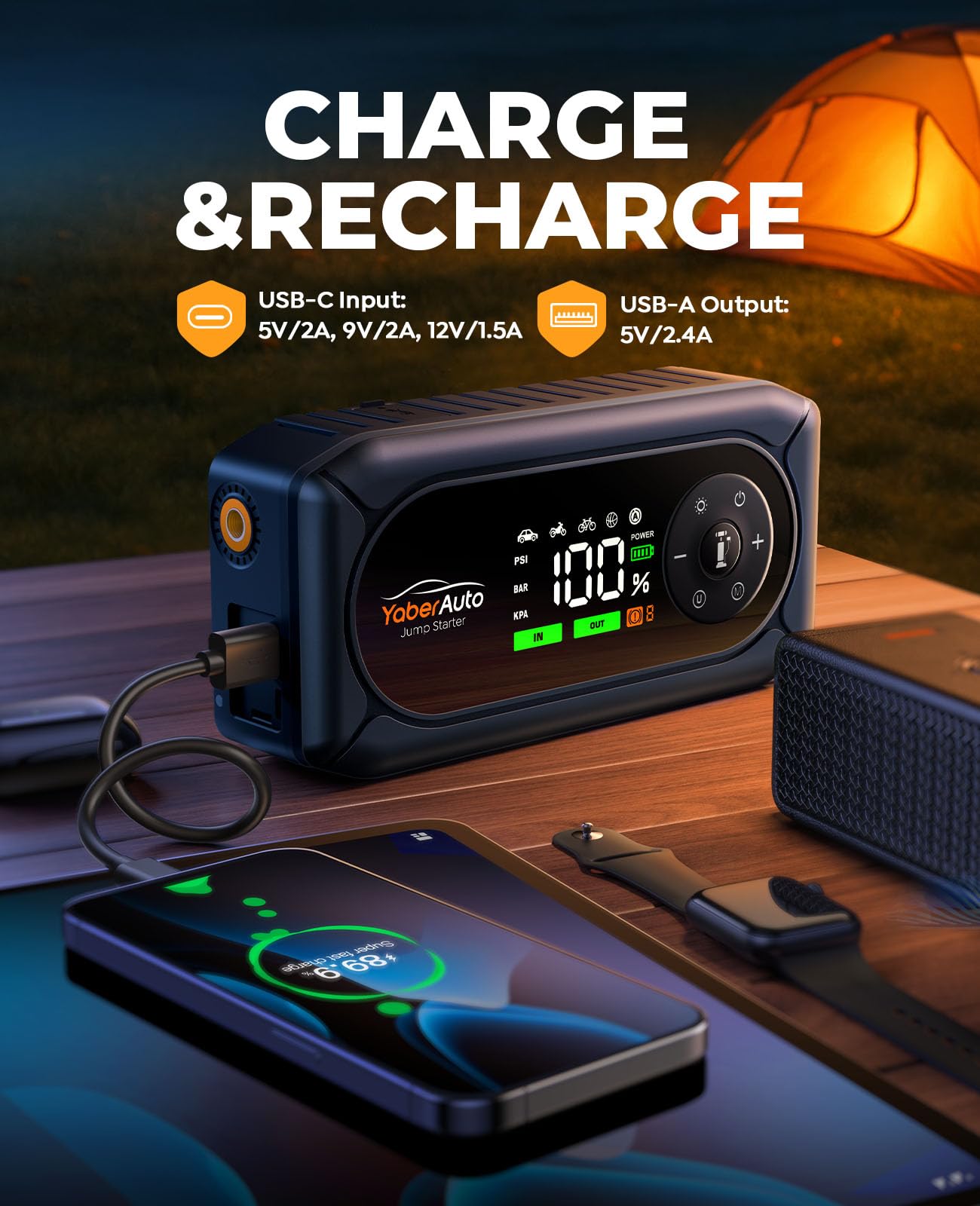 YaberAuto 9-in-1 Jump Starter with Air Compressor 4500A 150PSI Car Battery Jump Starter (9L Gas/8L Diesel), 12V Jump Box Car Battery Jumper Starter Portable Jumper Cables, 400V Insulated Gloves, Light