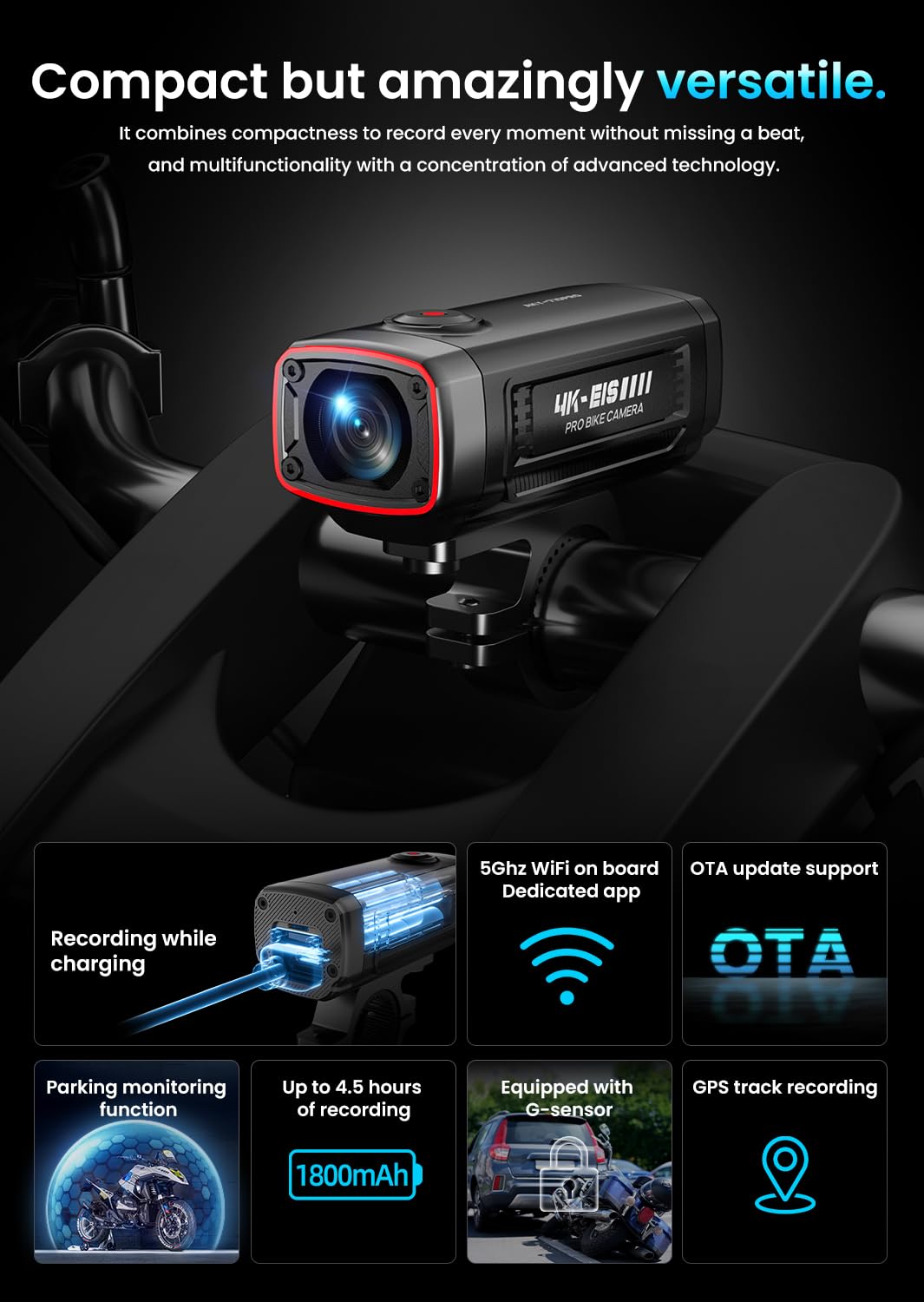 AKEEYO -710Pro EIS Kamera motocyklowa, 4K28FPS 20MP WiFi Kamera do Daszu na Motocykl, Kamera Kasku Motocyklowego IP66 Ultra HD Wodoodporna, 142° Szeroki Kąt Widzenia Nocna Wizja z Kartą 64GB, Czujnik