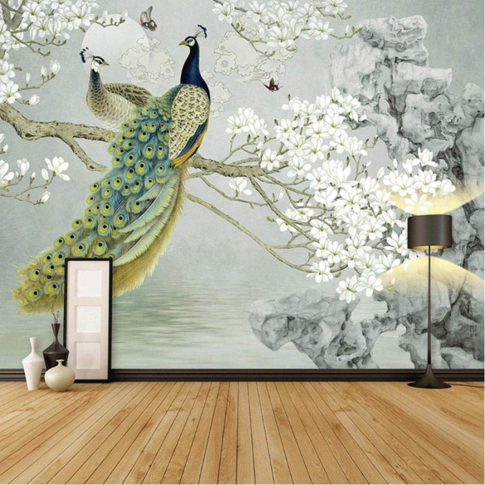 Carta da parati con fiori di magnolia bianca, farfalla, pavone, lago, arte murale, arte per ristorante, bar, decorazione domestica, grandi dimensioni, 350 x 256 cm