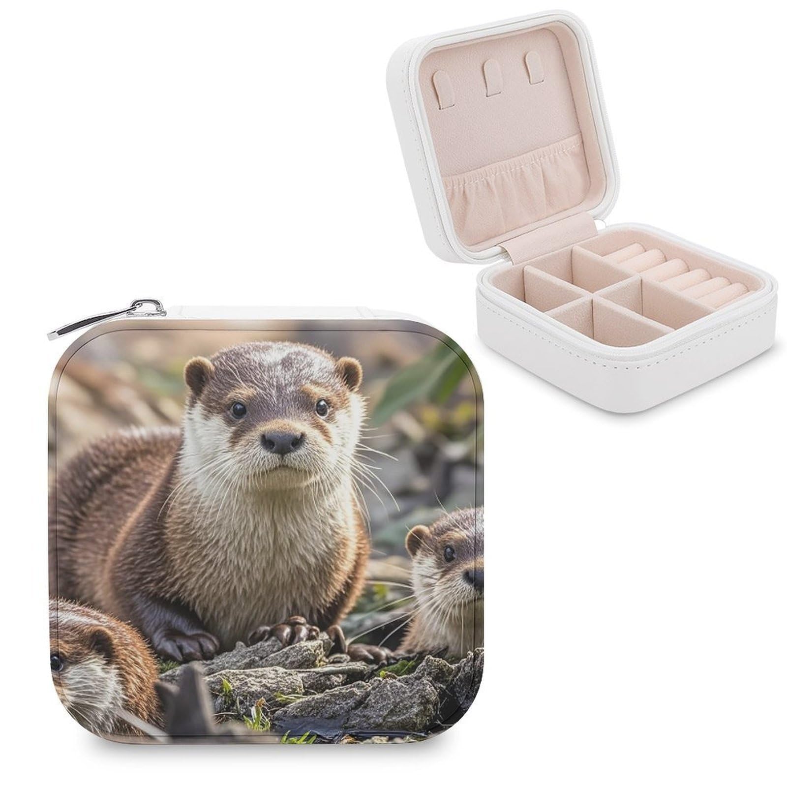 FekiLoot Animal Cute Brown Otters Travel Jewelry Box Small Jewelry Organizer Storage Case Portable PU Leather Mini Jewellry Travel Case Necklace Ring Storage Organizer Gift for Women