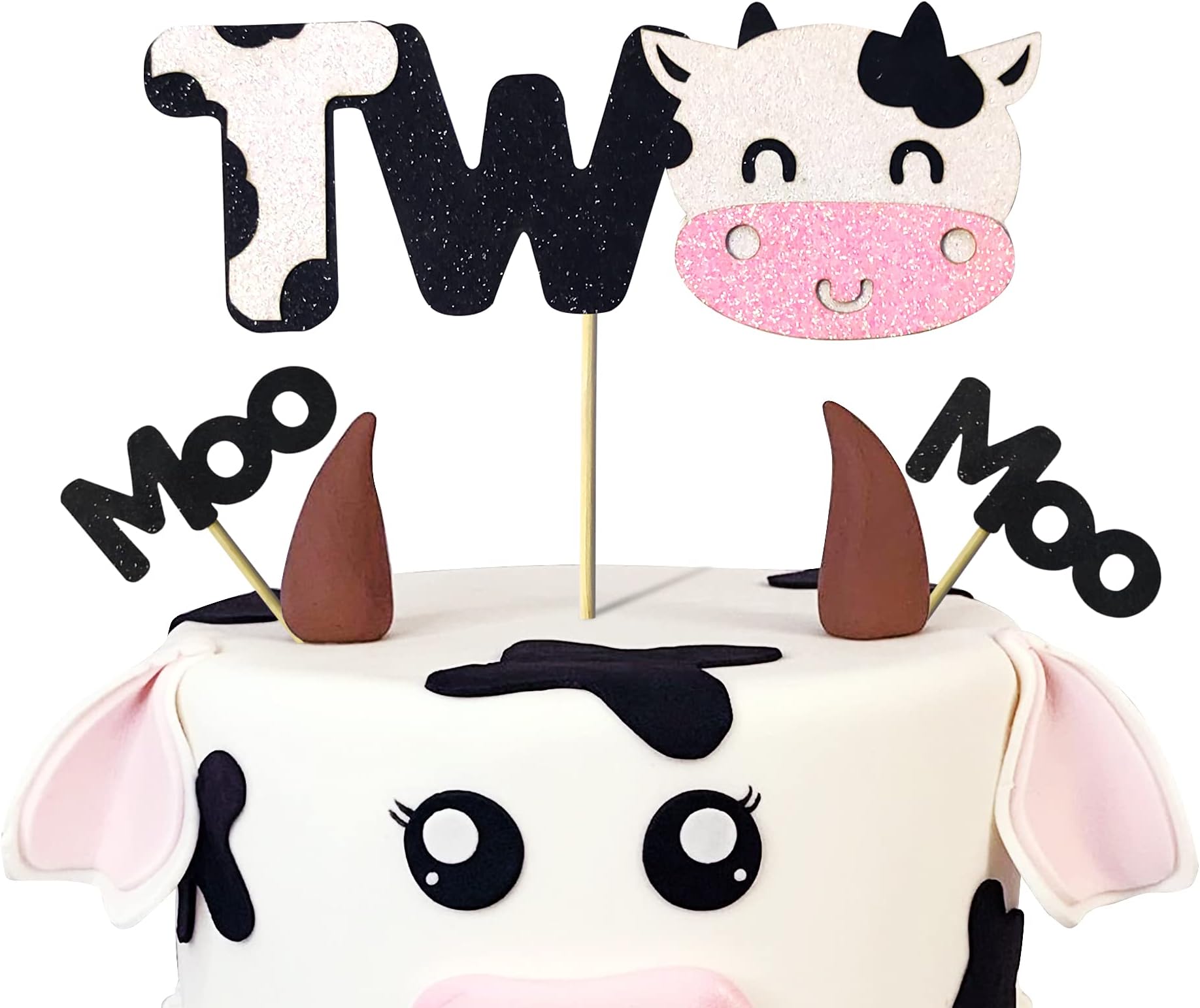 3 PCS Cow Second Birthday Cake Toppers Cow Farm Animal Themed Two Year Old Birthday Party Supplies Decoretions