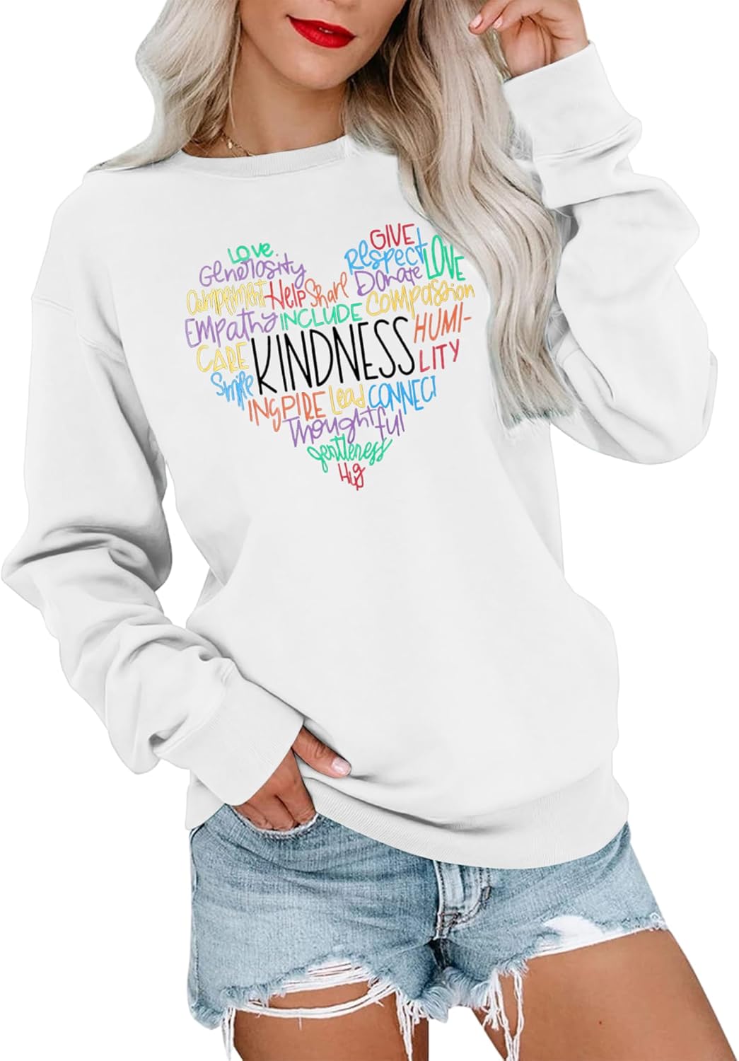 MOUSYA Kindness Heart Sweatshirt Love Heart Graphic Tees Valentine's Vibes Love Long Sleeve Shirts Tops